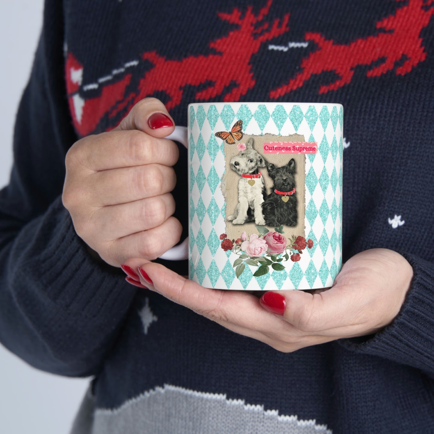 Super Cute, Jack Russell Terrier and Scotty Dog, Ceramic 11oz Mug, Pretty Aqua Harlequin Glitter Print, Roses, Vintage Mixed Media Graphic
