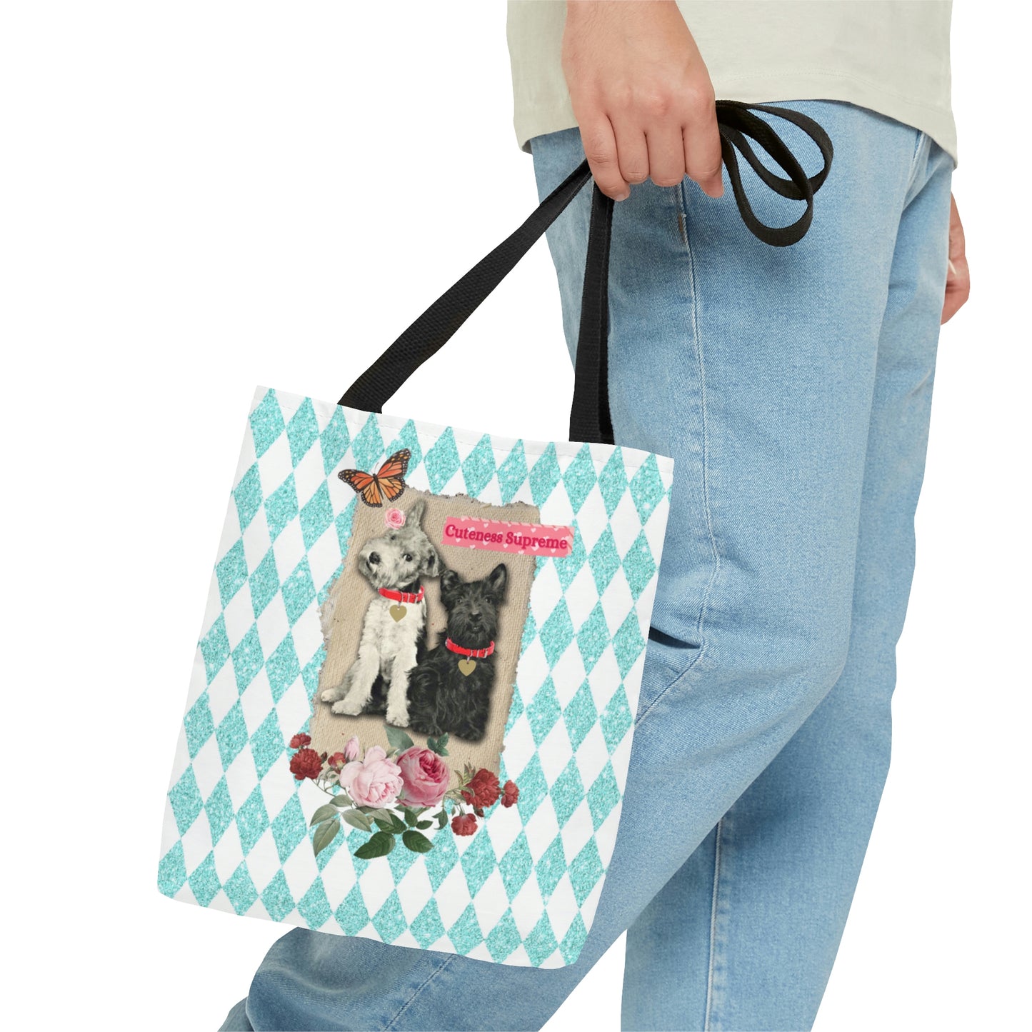 Cute Shopping Tote Bag in 3 Sizes, Aqua Glitter Harlequin Print, Mixed Media Graphic, Vintage Photo Jack Russell Terrier, Scotty Dog, Roses