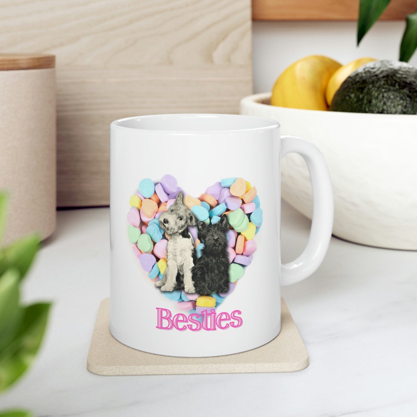 Valentine Hearts "Besties" Mug, Cute Dogs and Candy Hearts Ceramic Mug 11oz Galentine's Day Gift