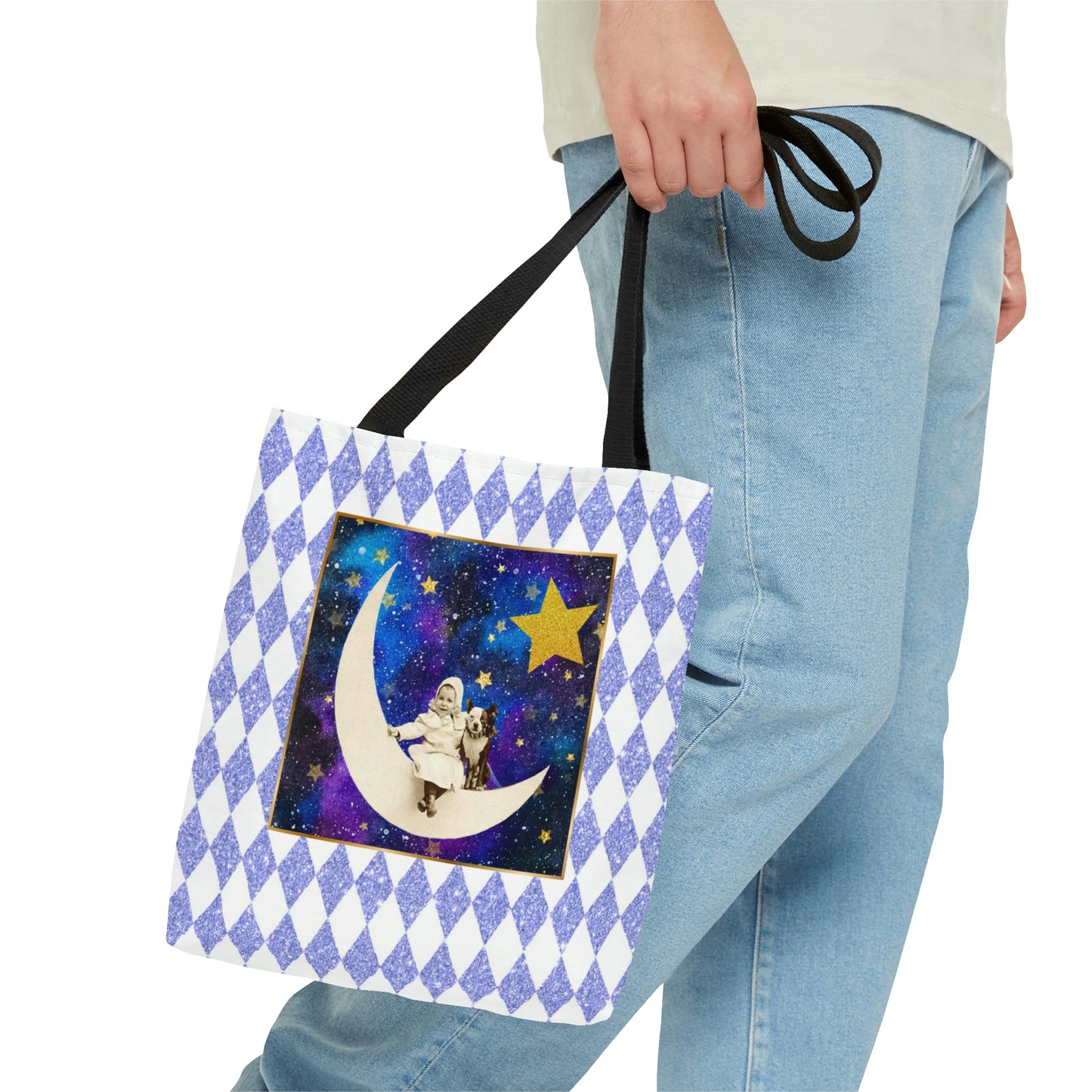 Cute Shopping Tote Bag, 3 sizes, Periwinkle Glitter Harlequin Print, Vintage Photo Girl on Crescent Moon, Boston Terrier, Gold Stars Accent