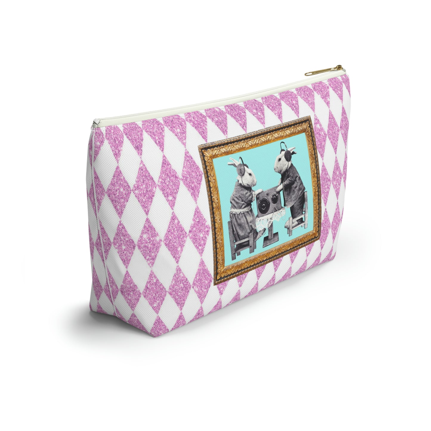 Bunnies in Headphones Graphic on T-Bottom Travel Pouch Bag, Hot Pink Glitter Print Harlequin Background, Two Convenient Size Options