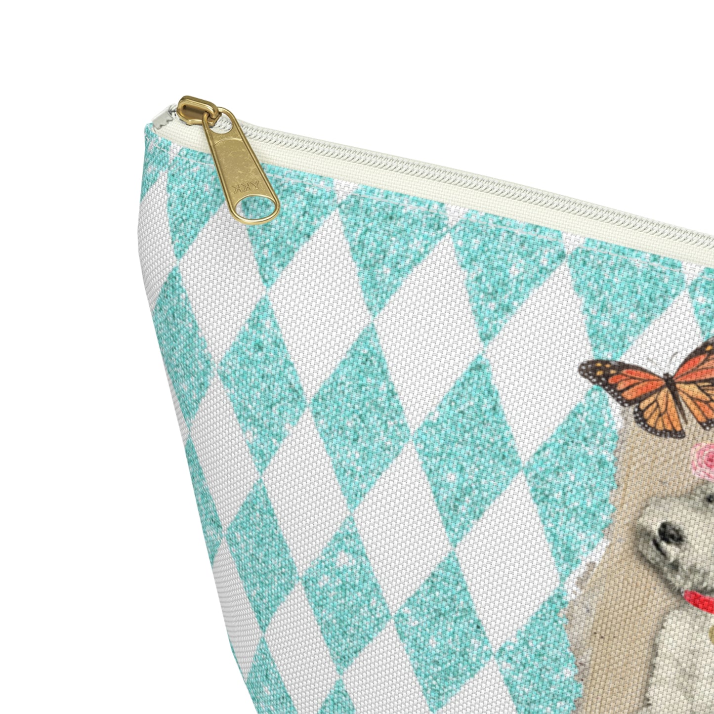 Super Cute T-Bottom Travel Pouch Makeup Bag, Jack Russell and Scotty Dog Graphic, Aqua Glitter Harlequin Print Background, Two Size Options