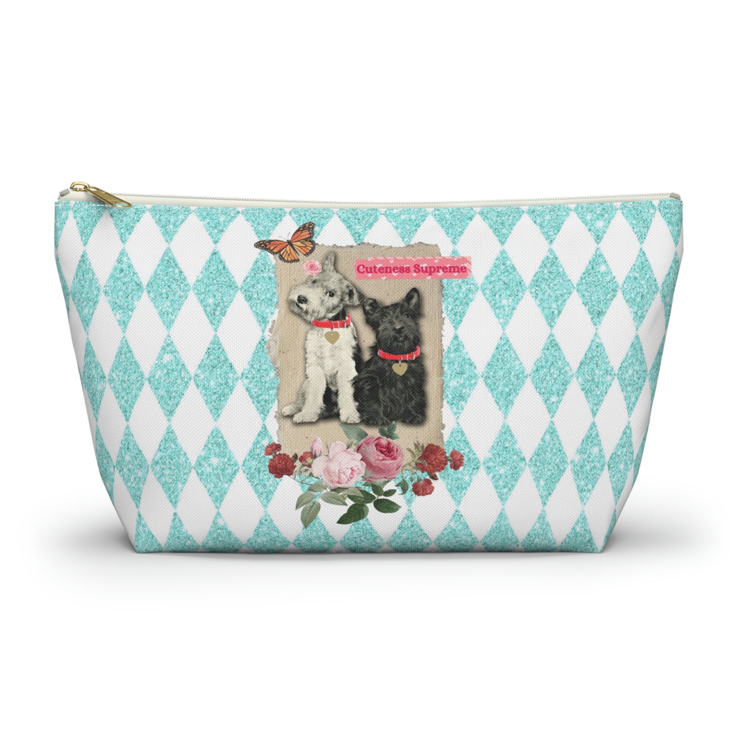 Super Cute T-Bottom Travel Pouch Makeup Bag, Jack Russell and Scotty Dog Graphic, Aqua Glitter Harlequin Print Background, Two Size Options