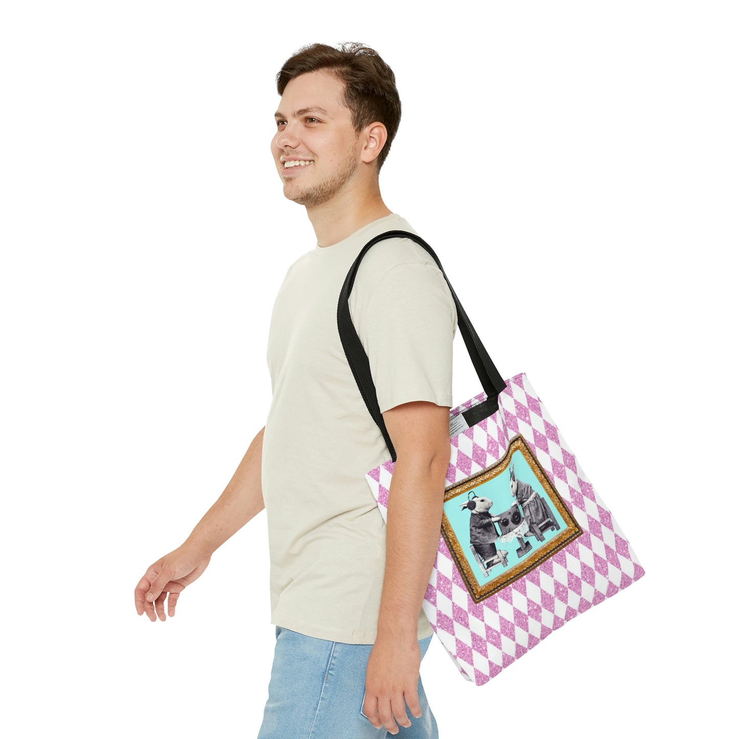 Cute Shopping Tote Bag in 3 Sizes, Bunnies in Headphones Vintage Photo, Hot Pink Harlequin Glitter Print, Bunny Lover Gift, Easter Spring