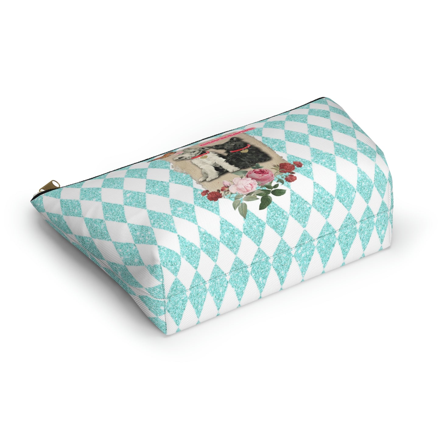 Super Cute T-Bottom Travel Pouch Makeup Bag, Jack Russell and Scotty Dog Graphic, Aqua Glitter Harlequin Print Background, Two Size Options