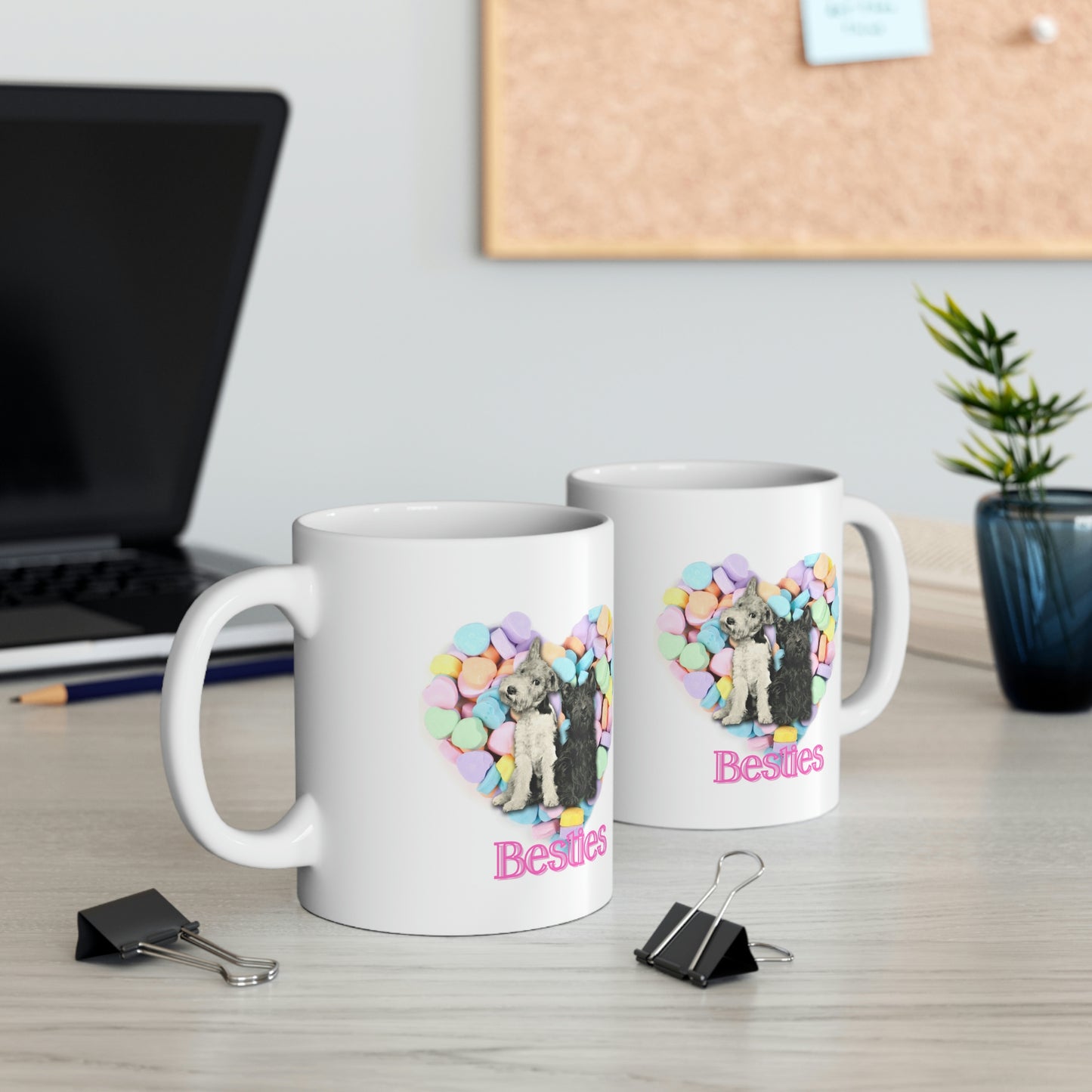 Valentine Hearts "Besties" Mug, Cute Dogs and Candy Hearts Ceramic Mug 11oz Galentine's Day Gift