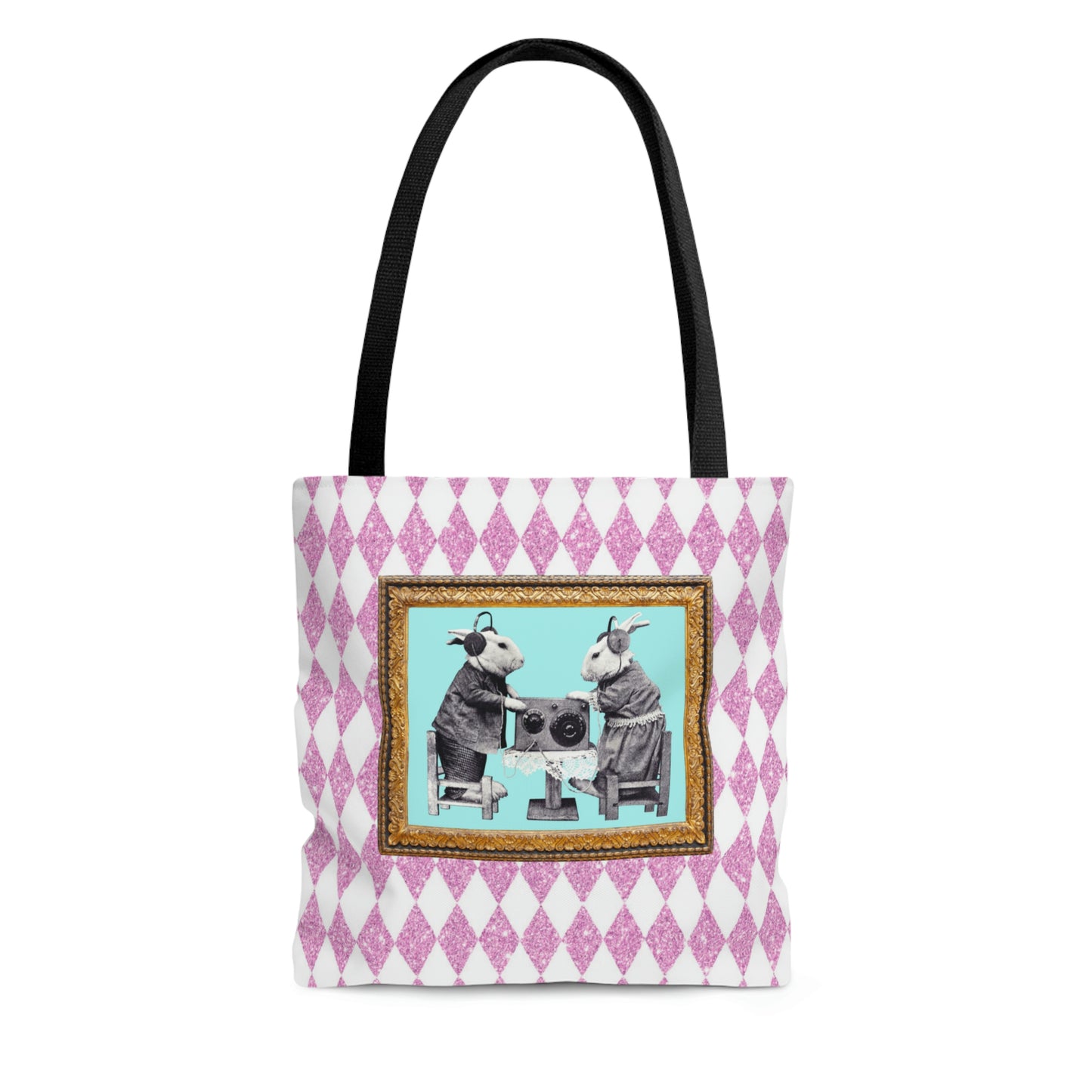 Cute Shopping Tote Bag in 3 Sizes, Bunnies in Headphones Vintage Photo, Hot Pink Harlequin Glitter Print, Bunny Lover Gift, Easter Spring
