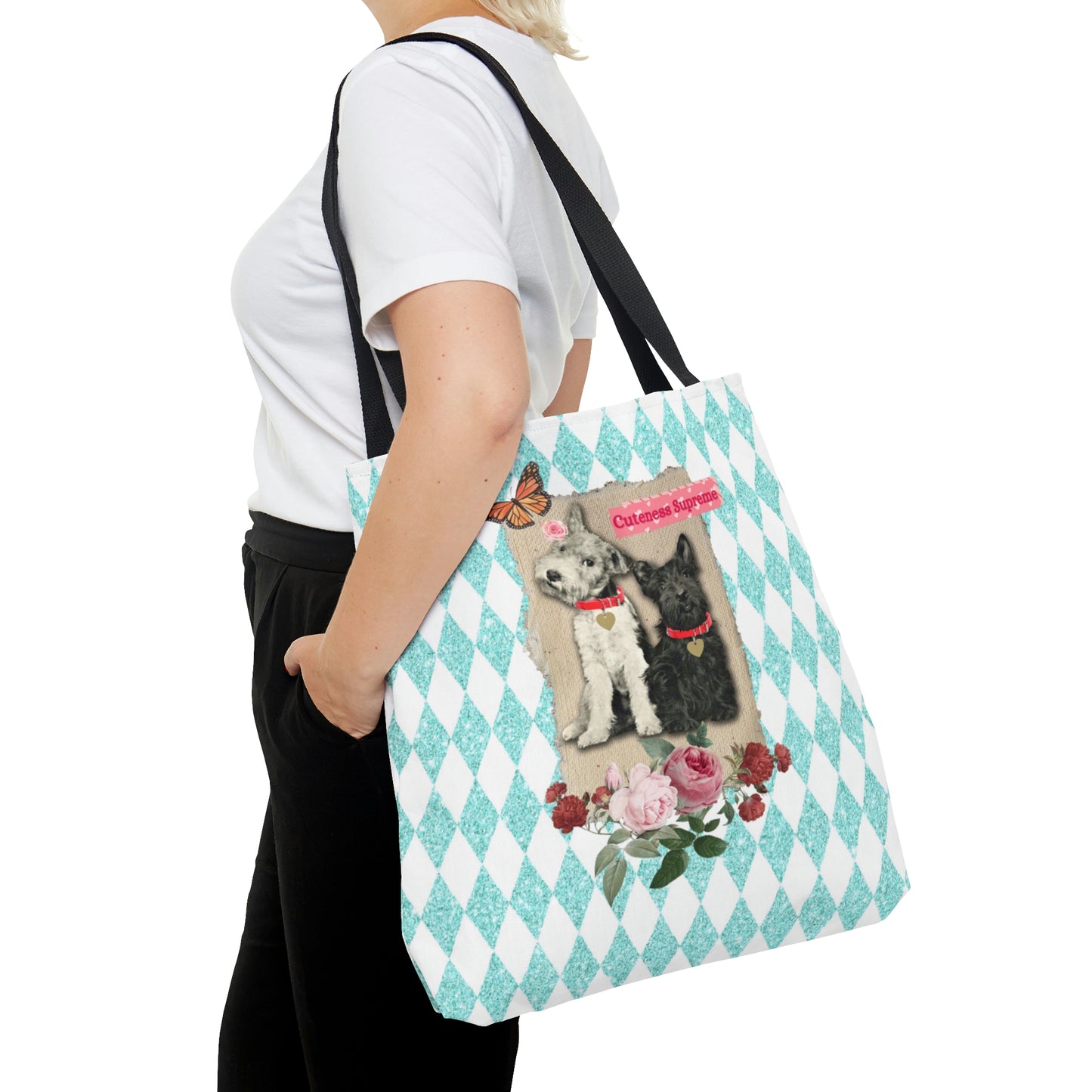 Cute Shopping Tote Bag in 3 Sizes, Aqua Glitter Harlequin Print, Mixed Media Graphic, Vintage Photo Jack Russell Terrier, Scotty Dog, Roses