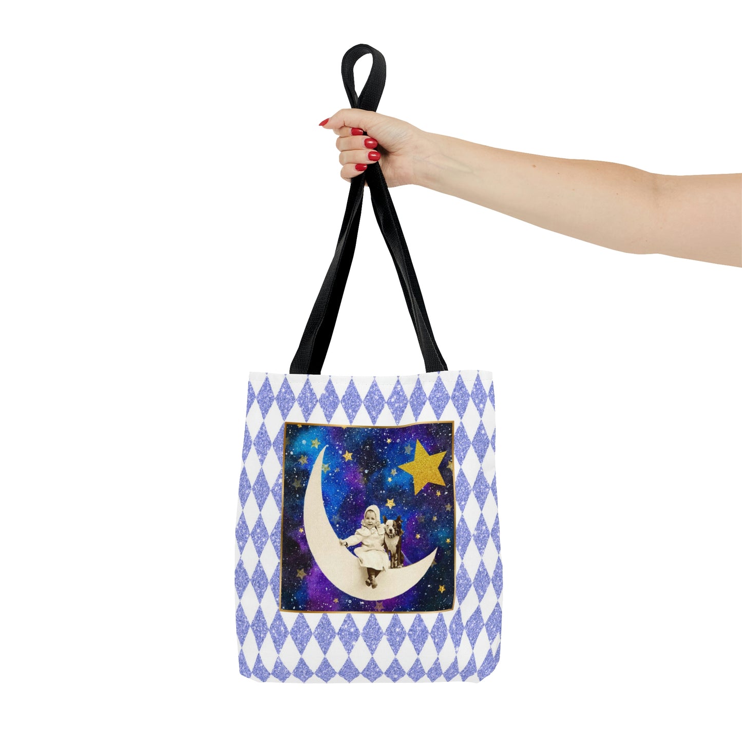 Cute Shopping Tote Bag, 3 sizes, Periwinkle Glitter Harlequin Print, Vintage Photo Girl on Crescent Moon, Boston Terrier, Gold Stars Accent