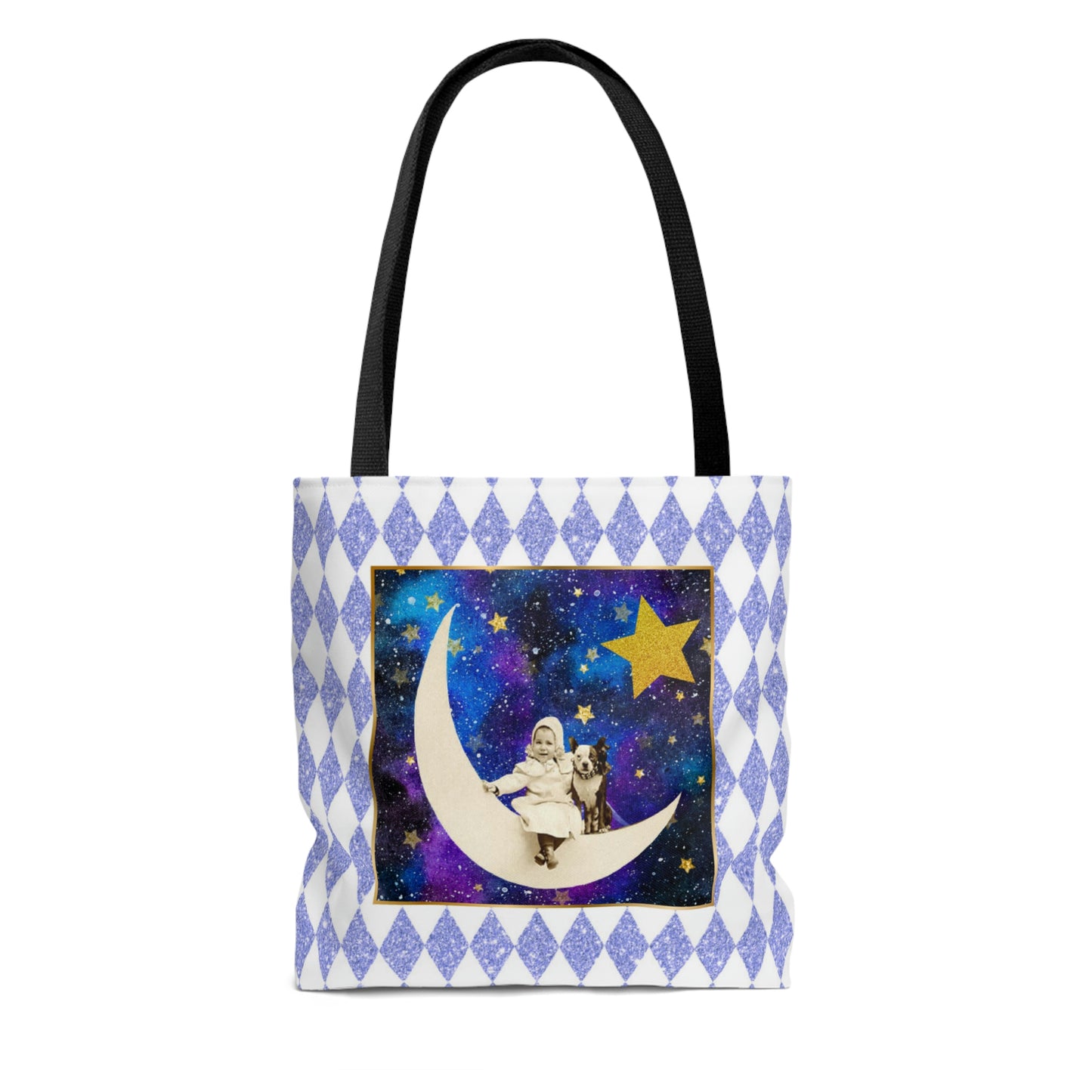 Cute Shopping Tote Bag, 3 sizes, Periwinkle Glitter Harlequin Print, Vintage Photo Girl on Crescent Moon, Boston Terrier, Gold Stars Accent