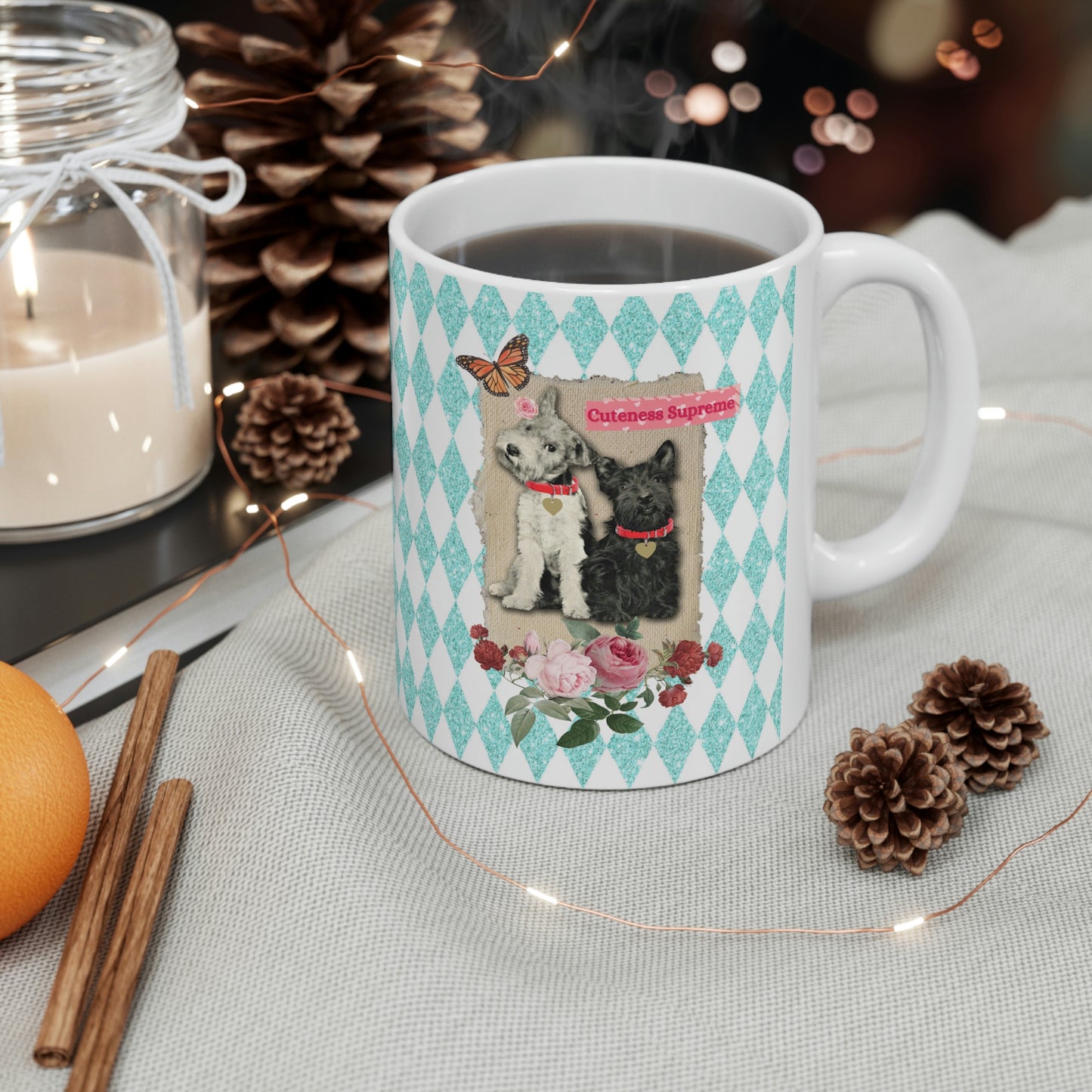 Super Cute, Jack Russell Terrier and Scotty Dog, Ceramic 11oz Mug, Pretty Aqua Harlequin Glitter Print, Roses, Vintage Mixed Media Graphic