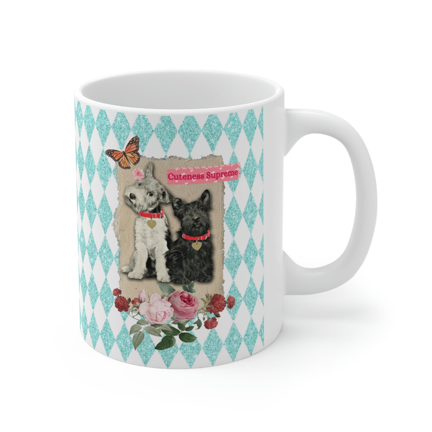 Super Cute, Jack Russell Terrier and Scotty Dog, Ceramic 11oz Mug, Pretty Aqua Harlequin Glitter Print, Roses, Vintage Mixed Media Graphic