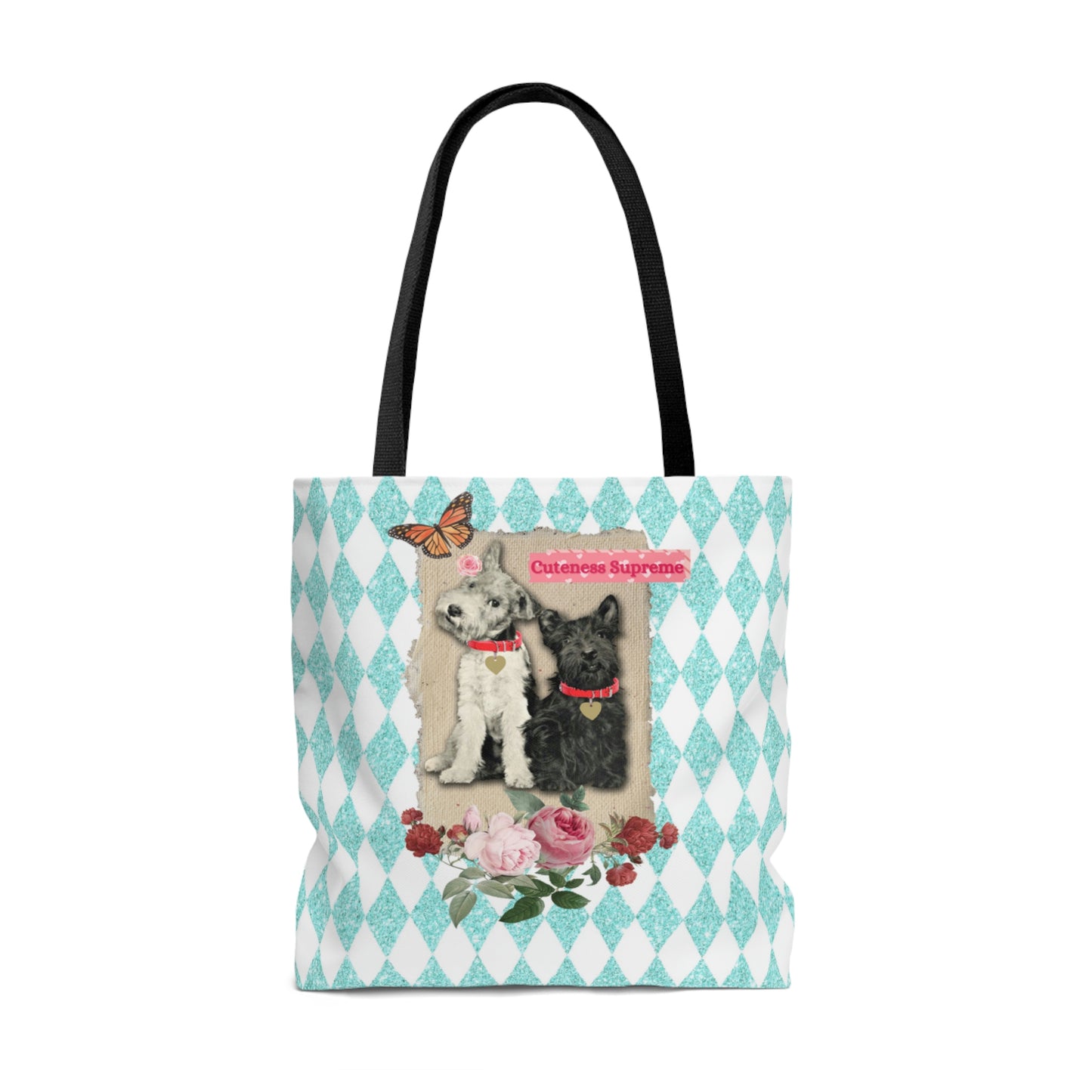 Cute Shopping Tote Bag in 3 Sizes, Aqua Glitter Harlequin Print, Mixed Media Graphic, Vintage Photo Jack Russell Terrier, Scotty Dog, Roses