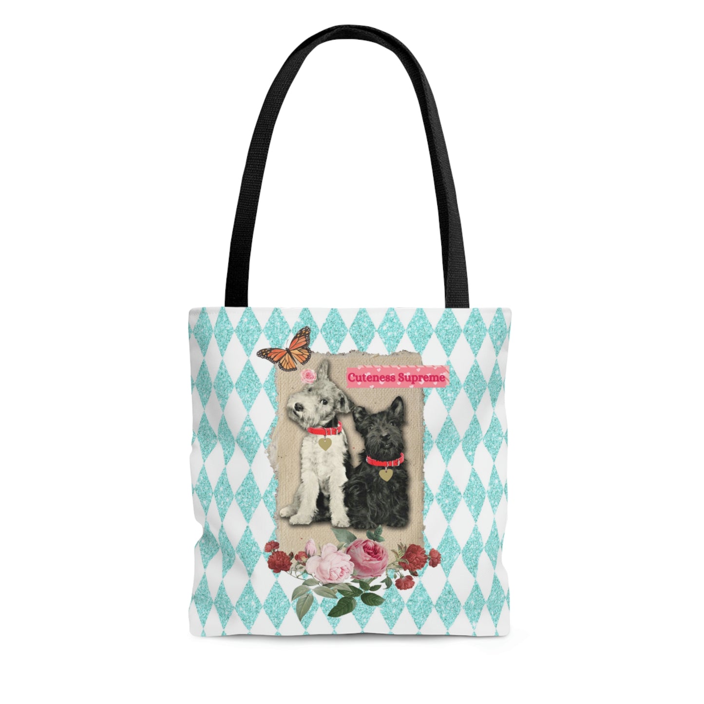Cute Shopping Tote Bag in 3 Sizes, Aqua Glitter Harlequin Print, Mixed Media Graphic, Vintage Photo Jack Russell Terrier, Scotty Dog, Roses
