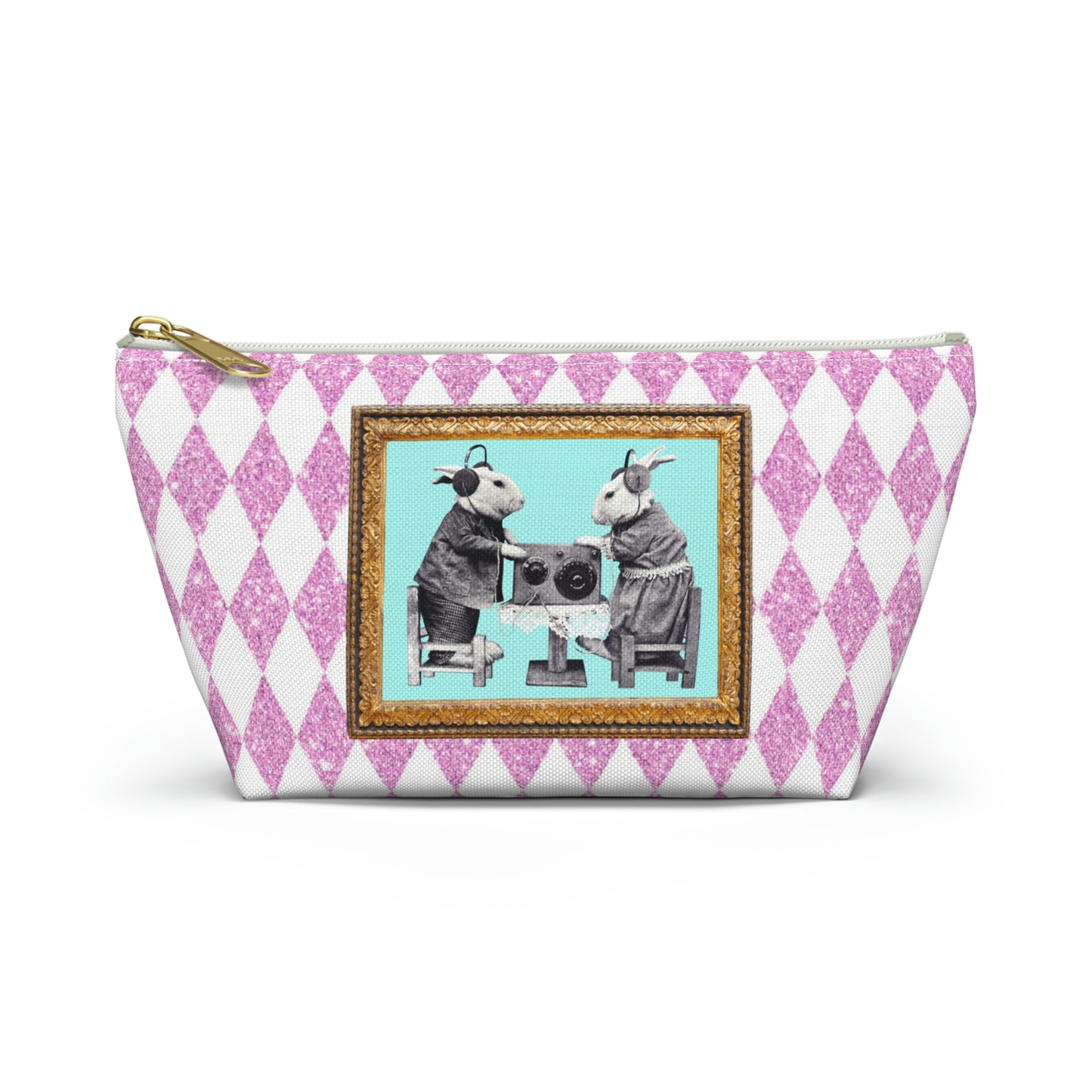 Bunnies in Headphones Graphic on T-Bottom Travel Pouch Bag, Hot Pink Glitter Print Harlequin Background, Two Convenient Size Options