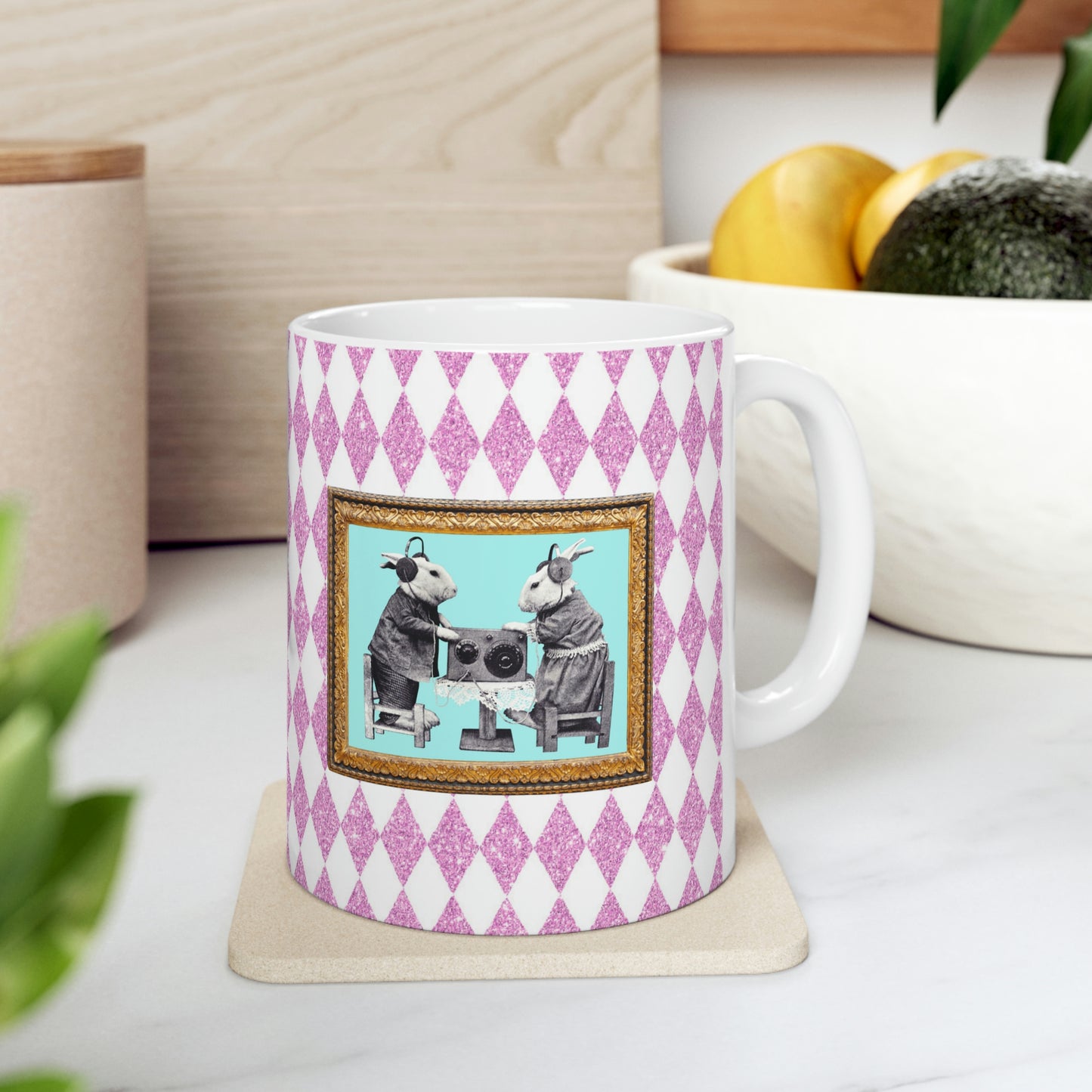 Bunnies in Headphones Ceramic Mug 11oz, Hot Pink Harlequin Glitter Print, Vintage Dressed Rabbits Photo, Easter Spring Mug