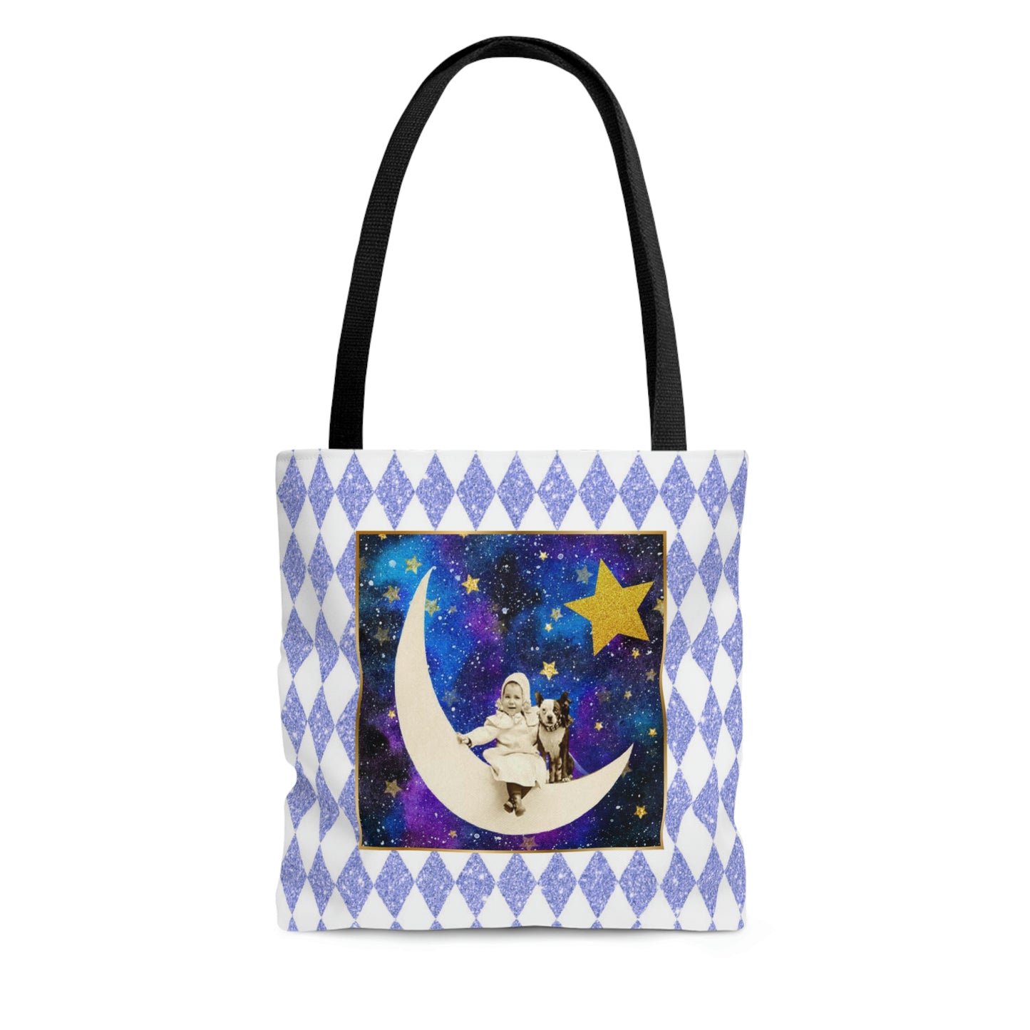 Cute Shopping Tote Bag, 3 sizes, Periwinkle Glitter Harlequin Print, Vintage Photo Girl on Crescent Moon, Boston Terrier, Gold Stars Accent
