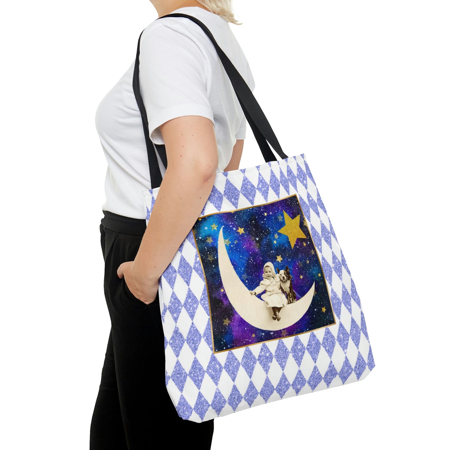 Cute Shopping Tote Bag, 3 sizes, Periwinkle Glitter Harlequin Print, Vintage Photo Girl on Crescent Moon, Boston Terrier, Gold Stars Accent