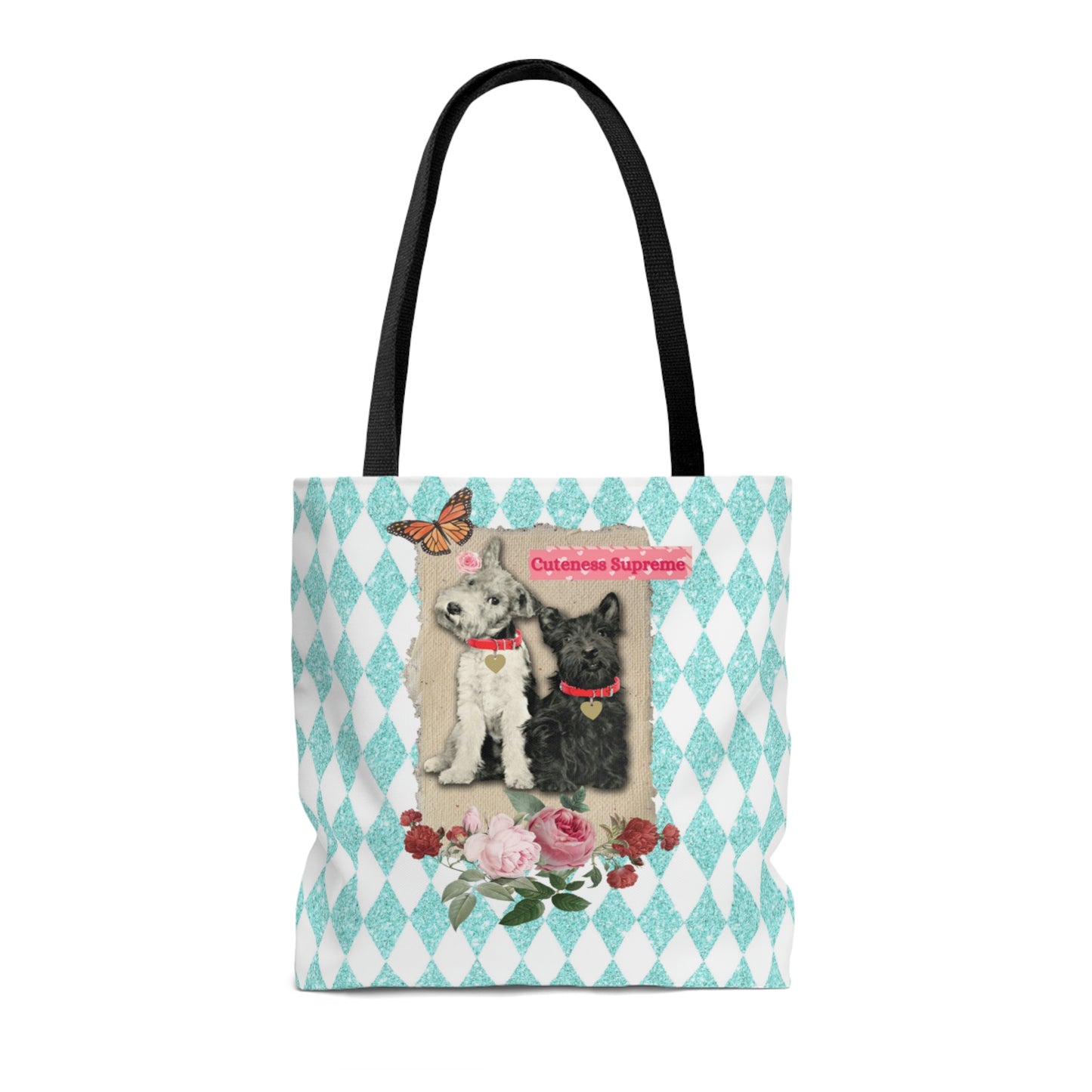 Cute Shopping Tote Bag in 3 Sizes, Aqua Glitter Harlequin Print, Mixed Media Graphic, Vintage Photo Jack Russell Terrier, Scotty Dog, Roses