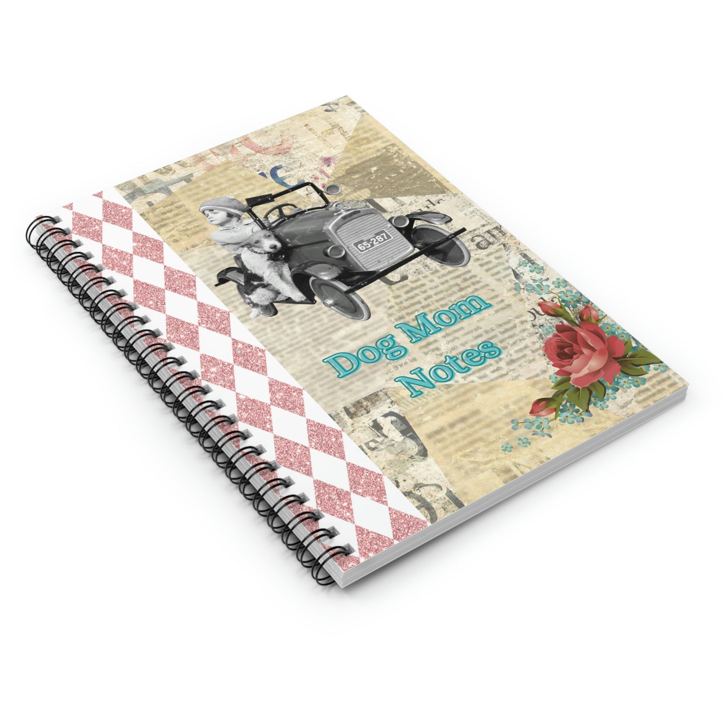 Dog Mom Notes Spiral Notebook, Cute Vintage Girl in Car with Dog, Roses, Newsprint, Glitter Pink Harlequin Detail Collage Mixed Media Print