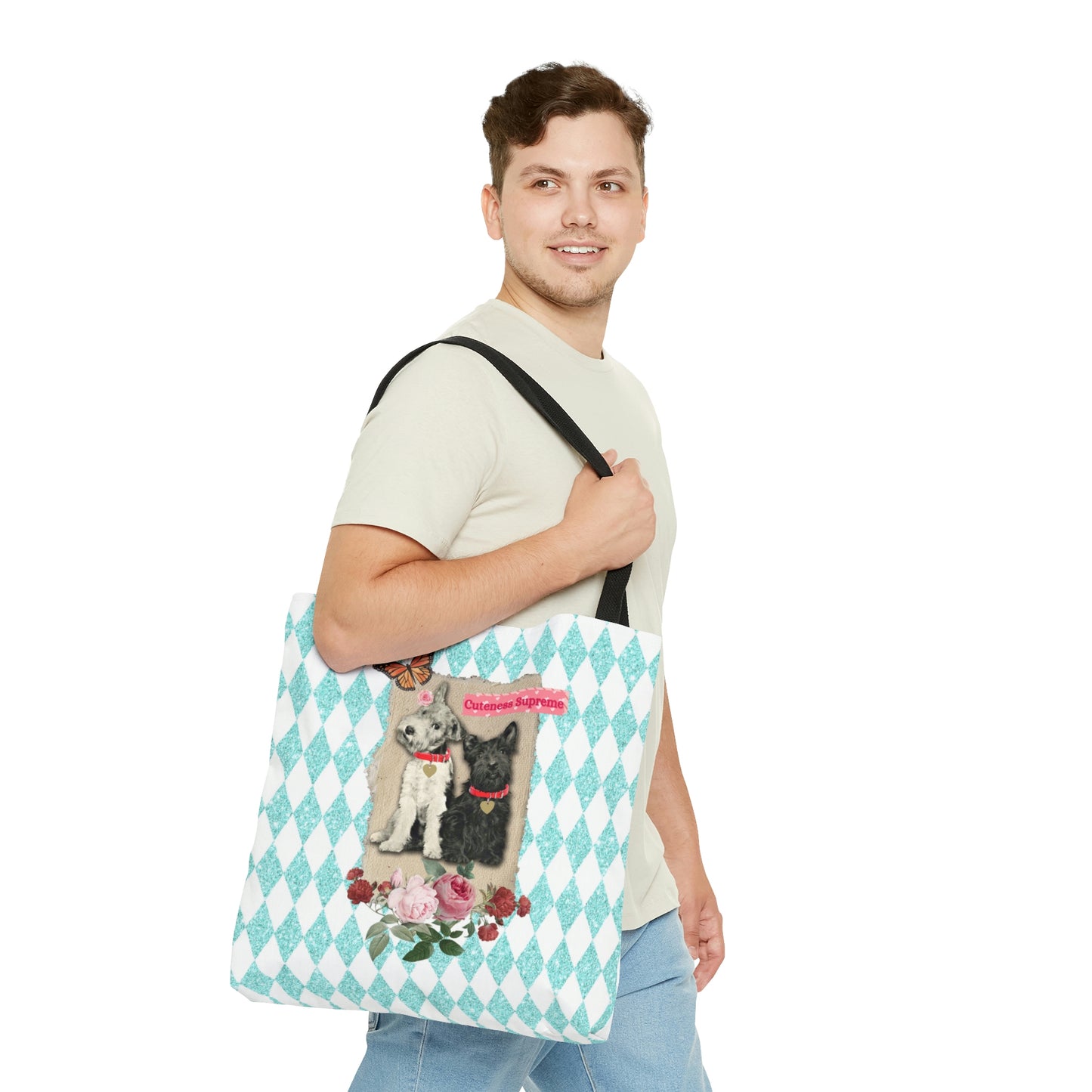Cute Shopping Tote Bag in 3 Sizes, Aqua Glitter Harlequin Print, Mixed Media Graphic, Vintage Photo Jack Russell Terrier, Scotty Dog, Roses