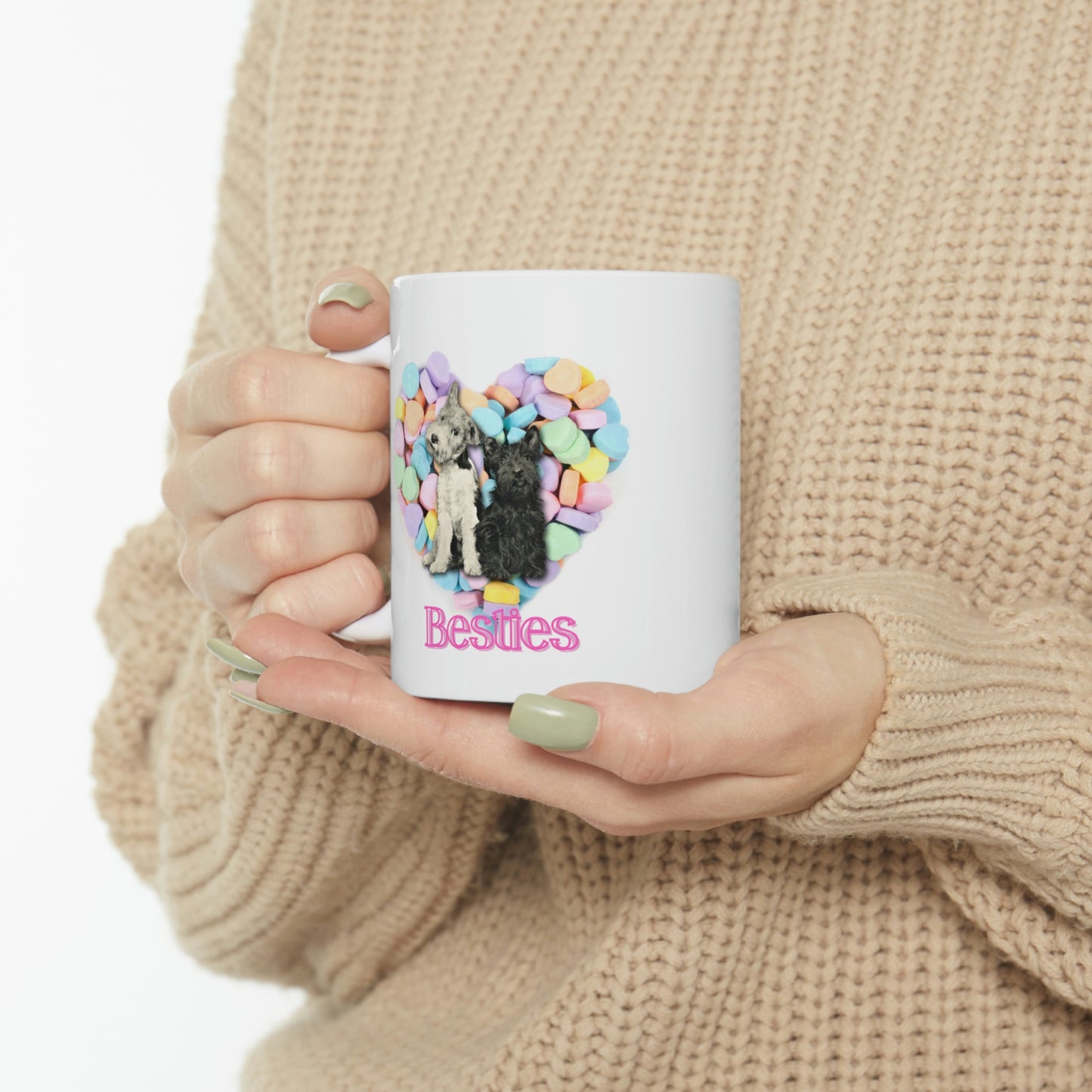 Valentine Hearts "Besties" Mug, Cute Dogs and Candy Hearts Ceramic Mug 11oz Galentine's Day Gift