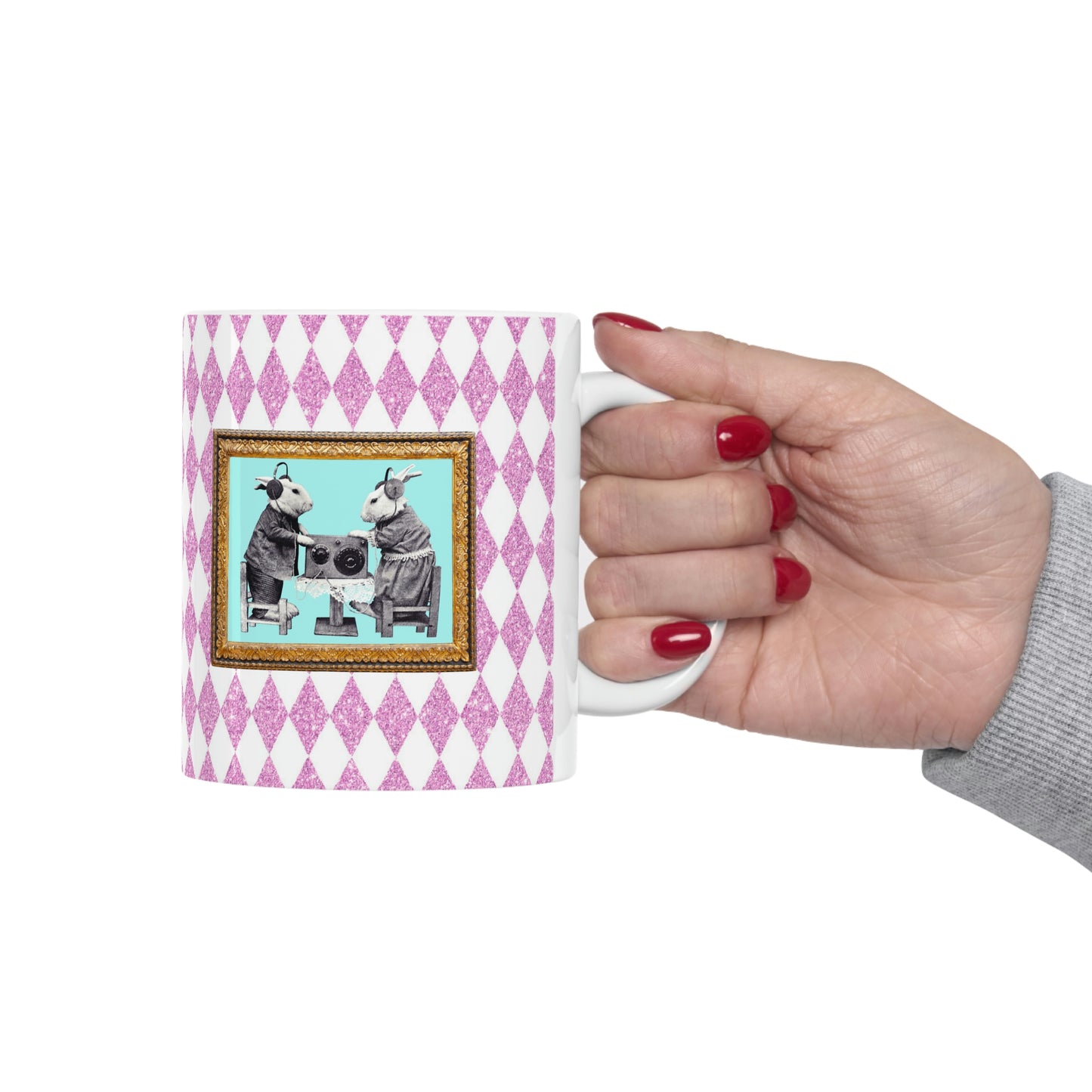 Bunnies in Headphones Ceramic Mug 11oz, Hot Pink Harlequin Glitter Print, Vintage Dressed Rabbits Photo, Easter Spring Mug
