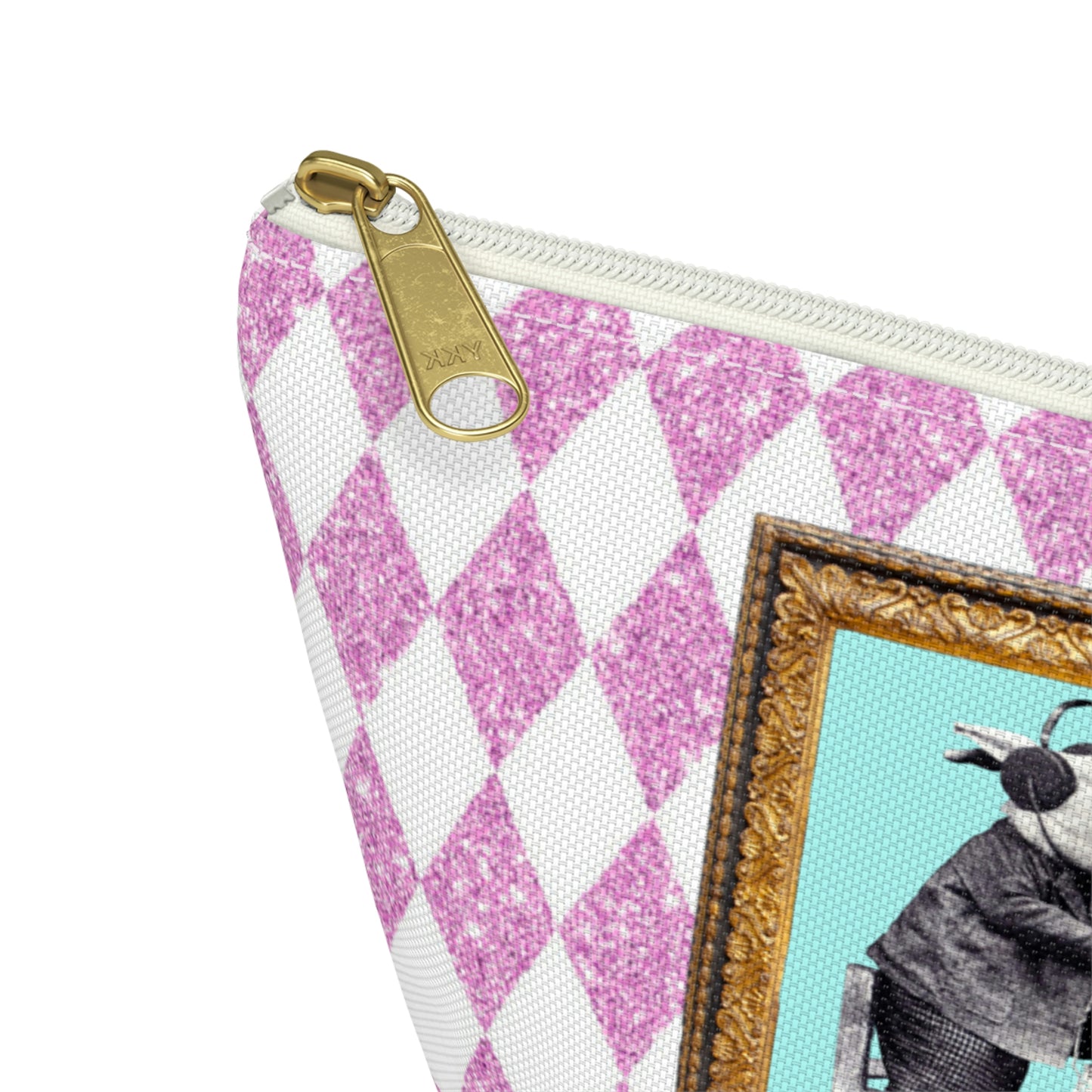 Bunnies in Headphones Graphic on T-Bottom Travel Pouch Bag, Hot Pink Glitter Print Harlequin Background, Two Convenient Size Options - LEAGUE OF CRAFTY CANINES