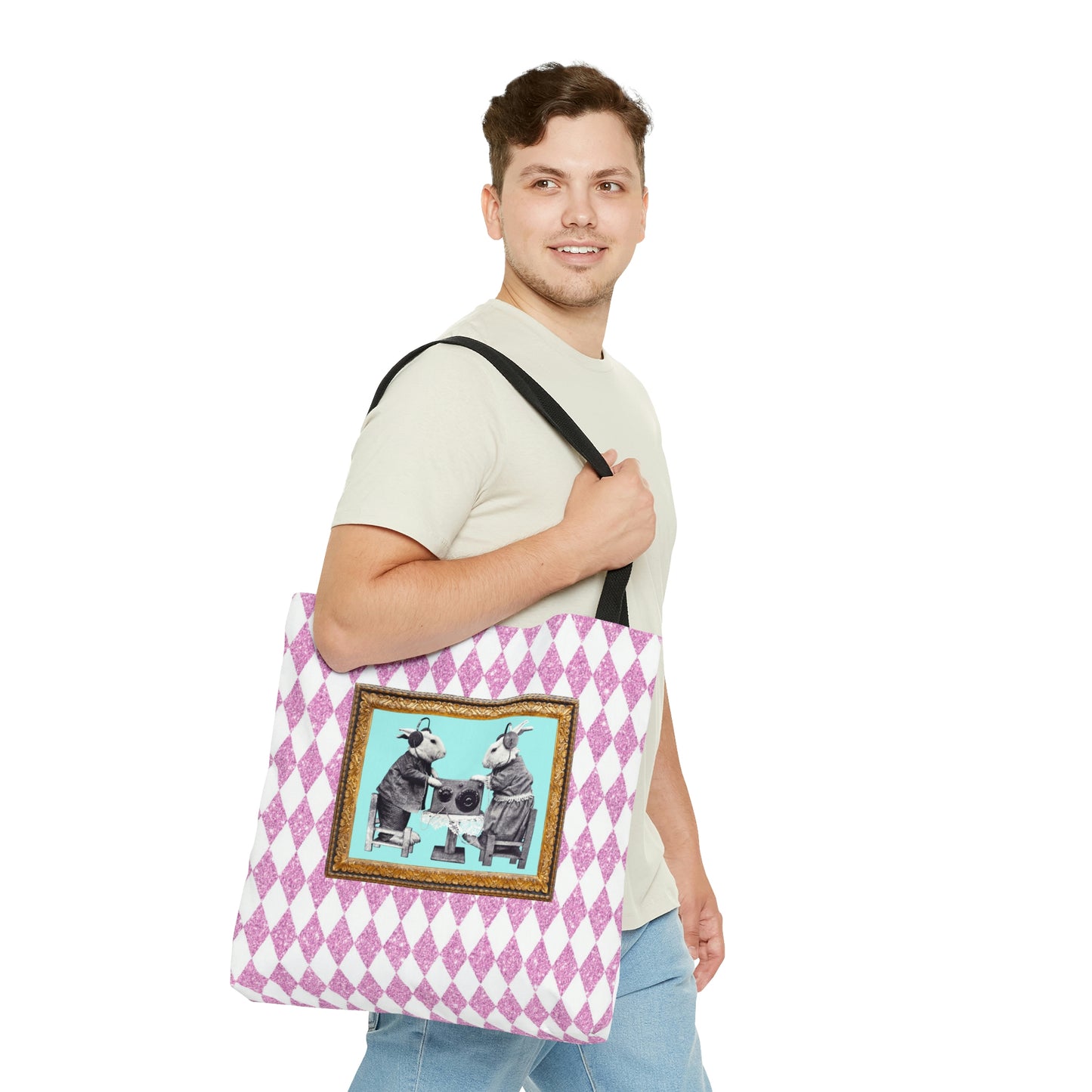 Cute Shopping Tote Bag in 3 Sizes, Bunnies in Headphones Vintage Photo, Hot Pink Harlequin Glitter Print, Bunny Lover Gift, Easter Spring