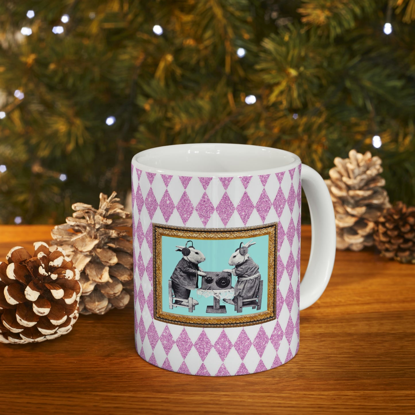 Bunnies in Headphones Ceramic Mug 11oz, Hot Pink Harlequin Glitter Print, Vintage Dressed Rabbits Photo, Easter Spring Mug