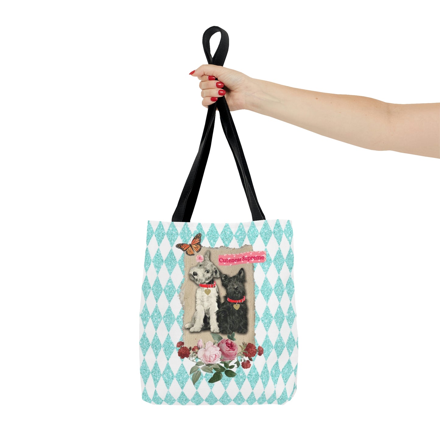 Cute Shopping Tote Bag in 3 Sizes, Aqua Glitter Harlequin Print, Mixed Media Graphic, Vintage Photo Jack Russell Terrier, Scotty Dog, Roses