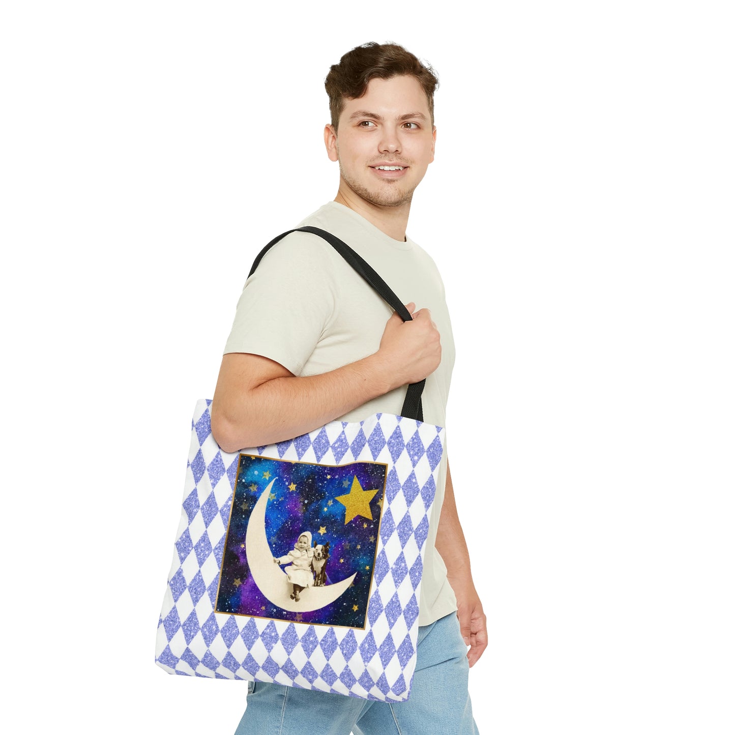 Cute Shopping Tote Bag, 3 sizes, Periwinkle Glitter Harlequin Print, Vintage Photo Girl on Crescent Moon, Boston Terrier, Gold Stars Accent