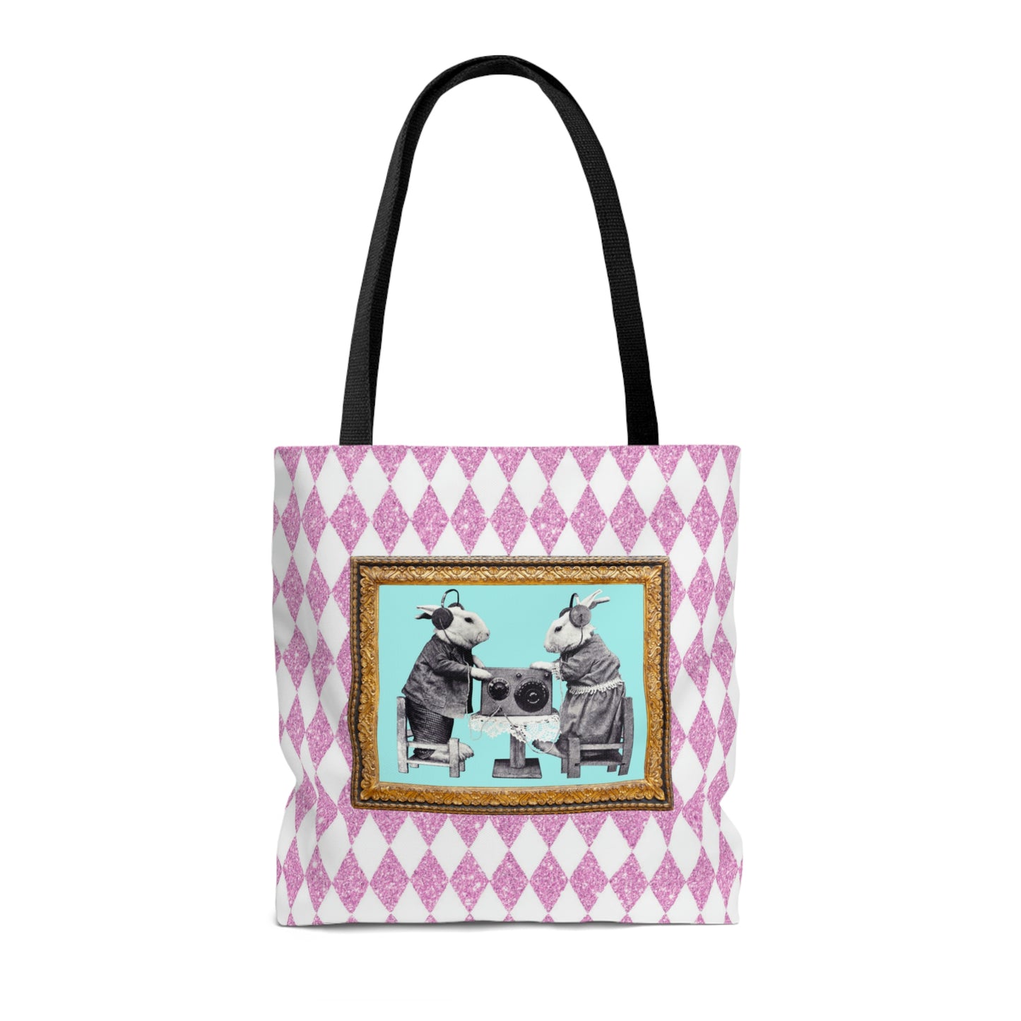 Cute Shopping Tote Bag in 3 Sizes, Bunnies in Headphones Vintage Photo, Hot Pink Harlequin Glitter Print, Bunny Lover Gift, Easter Spring