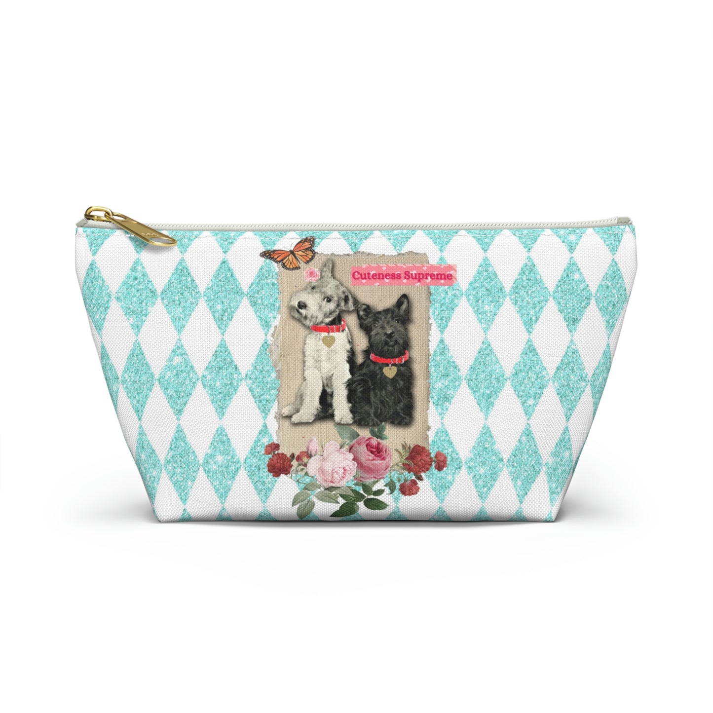 Super Cute T-Bottom Travel Pouch Makeup Bag, Jack Russell and Scotty Dog Graphic, Aqua Glitter Harlequin Print Background, Two Size Options
