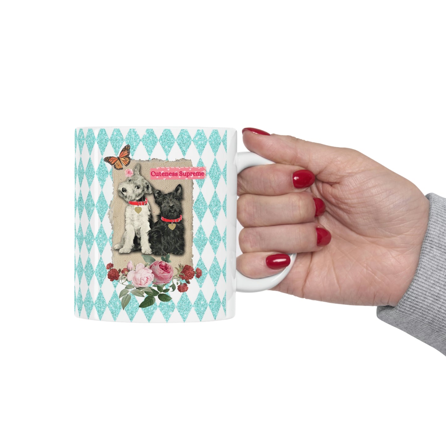 Super Cute, Jack Russell Terrier and Scotty Dog, Ceramic 11oz Mug, Pretty Aqua Harlequin Glitter Print, Roses, Vintage Mixed Media Graphic