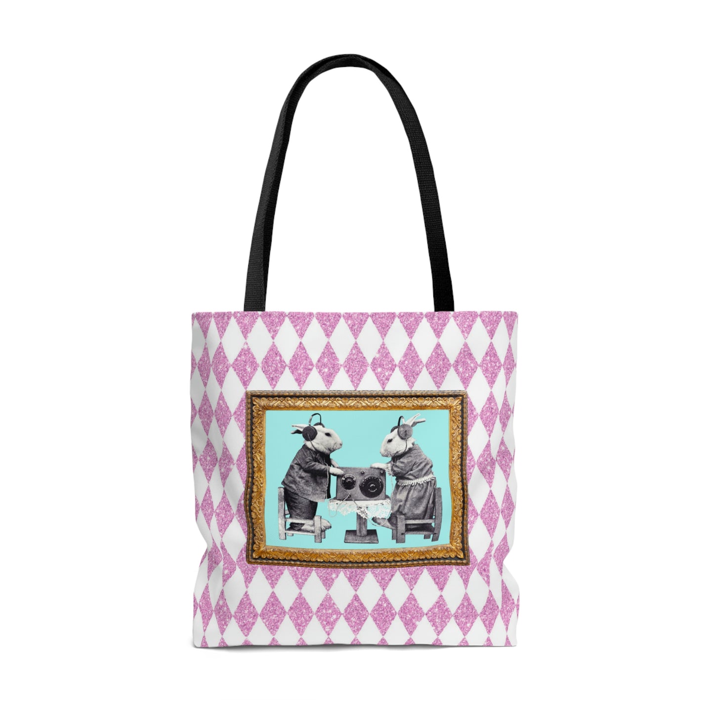 Cute Shopping Tote Bag in 3 Sizes, Bunnies in Headphones Vintage Photo, Hot Pink Harlequin Glitter Print, Bunny Lover Gift, Easter Spring
