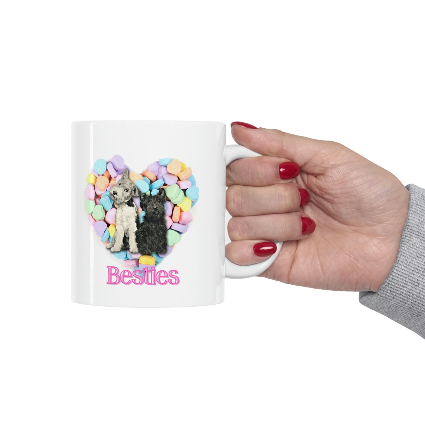 Valentine Hearts "Besties" Mug, Cute Dogs and Candy Hearts Ceramic Mug 11oz Galentine's Day Gift