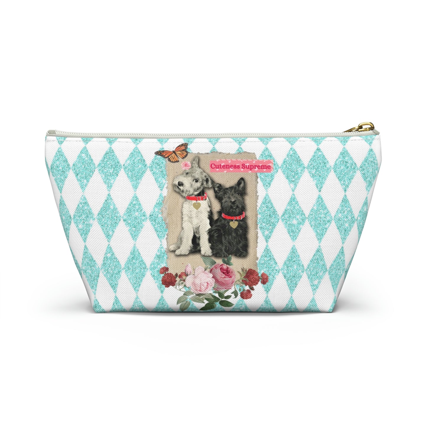 Super Cute T-Bottom Travel Pouch Makeup Bag, Jack Russell and Scotty Dog Graphic, Aqua Glitter Harlequin Print Background, Two Size Options