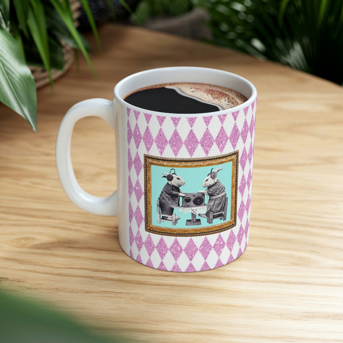 Bunnies in Headphones Ceramic Mug 11oz, Hot Pink Harlequin Glitter Print, Vintage Dressed Rabbits Photo, Easter Spring Mug