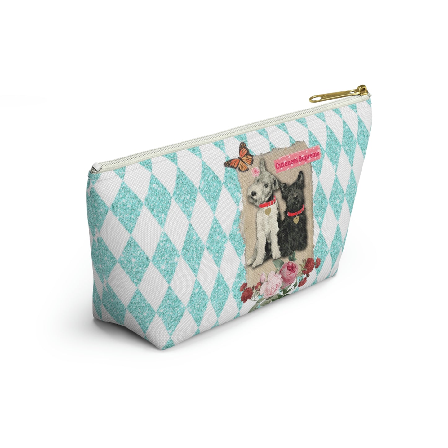 Super Cute T-Bottom Travel Pouch Makeup Bag, Jack Russell and Scotty Dog Graphic, Aqua Glitter Harlequin Print Background, Two Size Options