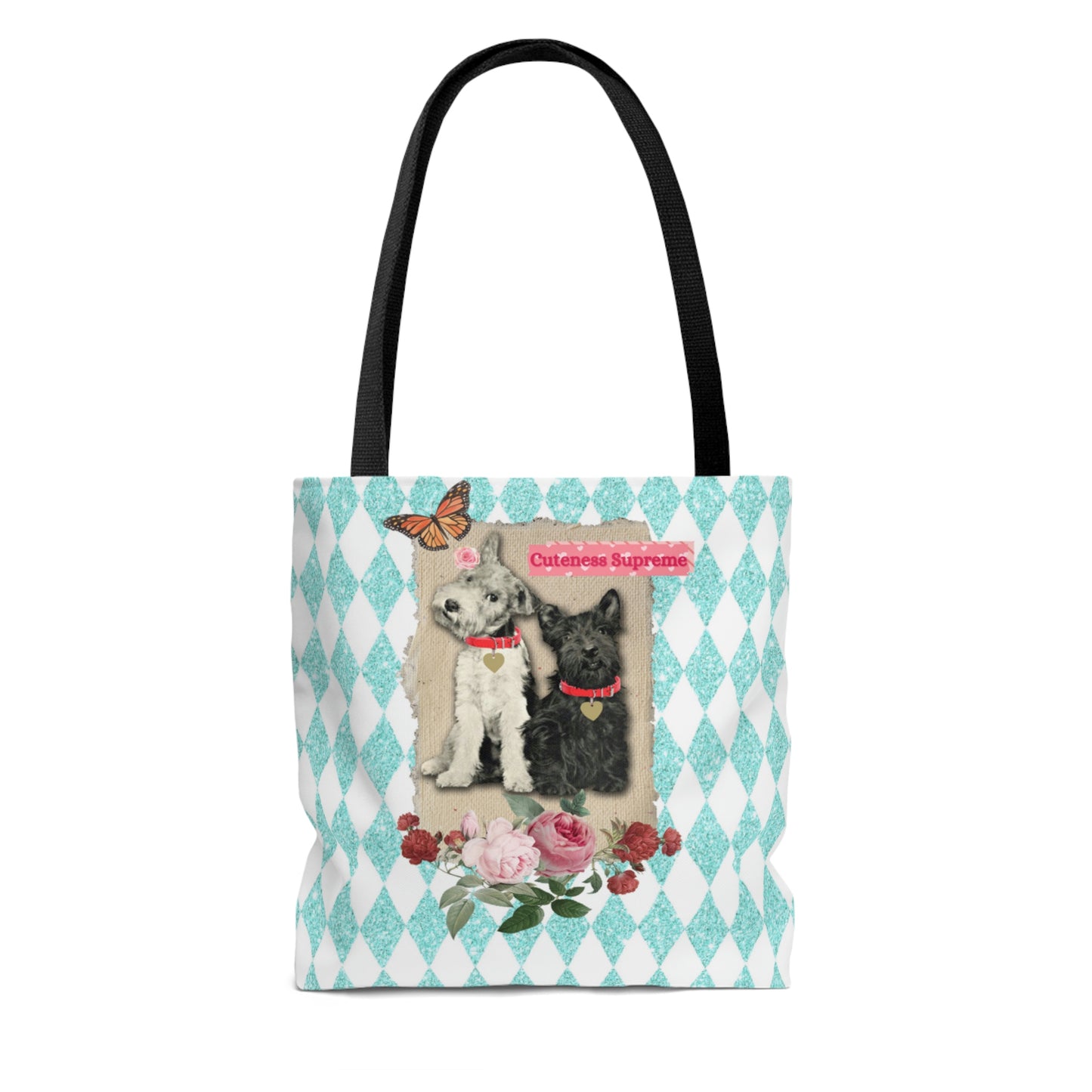 Cute Shopping Tote Bag in 3 Sizes, Aqua Glitter Harlequin Print, Mixed Media Graphic, Vintage Photo Jack Russell Terrier, Scotty Dog, Roses