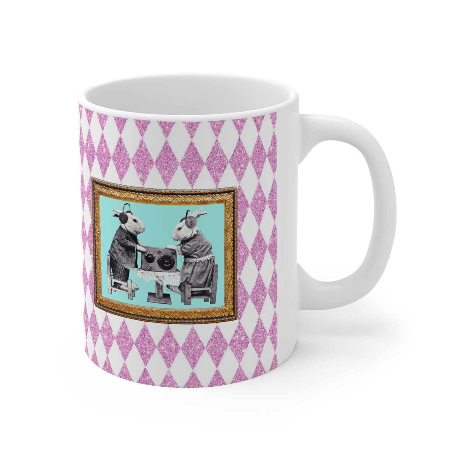 Bunnies in Headphones Ceramic Mug 11oz, Hot Pink Harlequin Glitter Print, Vintage Dressed Rabbits Photo, Easter Spring Mug