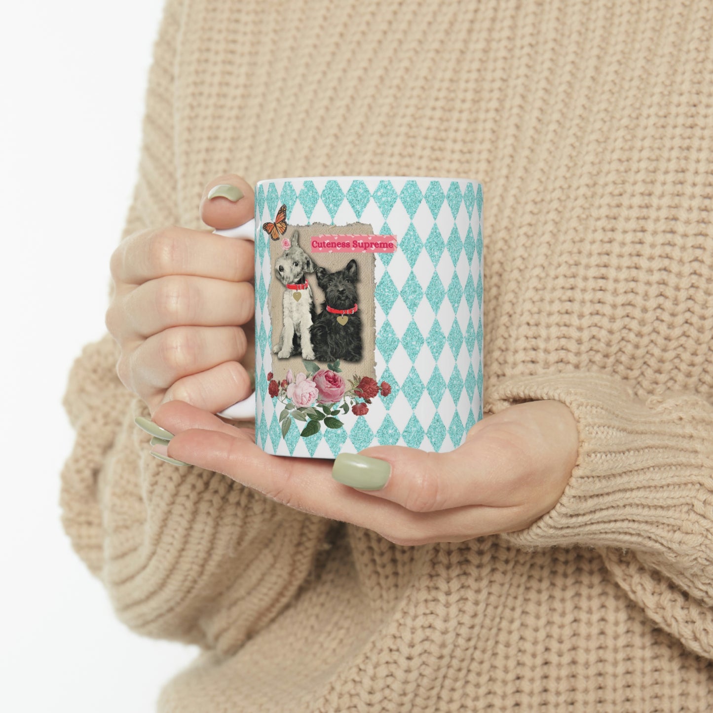 Super Cute, Jack Russell Terrier and Scotty Dog, Ceramic 11oz Mug, Pretty Aqua Harlequin Glitter Print, Roses, Vintage Mixed Media Graphic