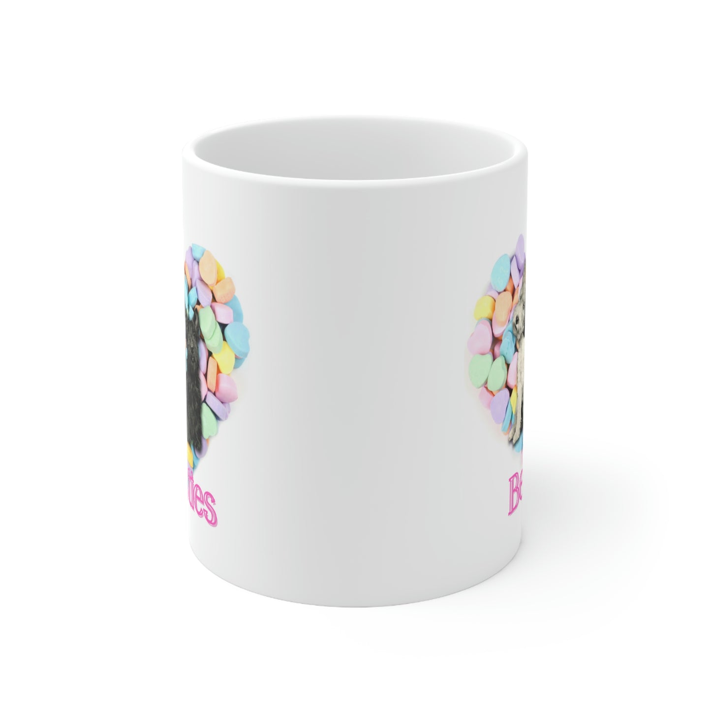 Valentine Hearts "Besties" Mug, Cute Dogs and Candy Hearts Ceramic Mug 11oz Galentine's Day Gift