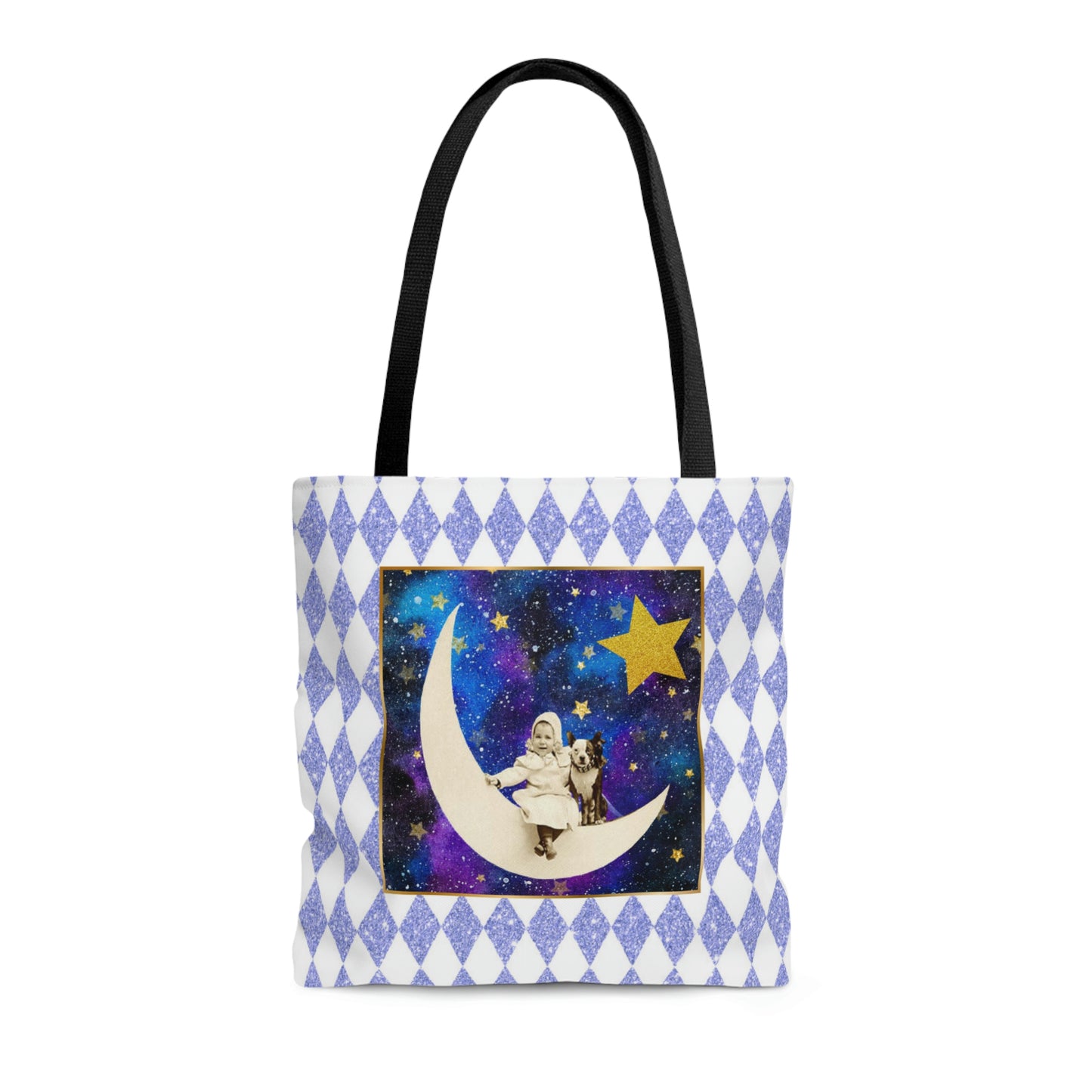 Cute Shopping Tote Bag, 3 sizes, Periwinkle Glitter Harlequin Print, Vintage Photo Girl on Crescent Moon, Boston Terrier, Gold Stars Accent