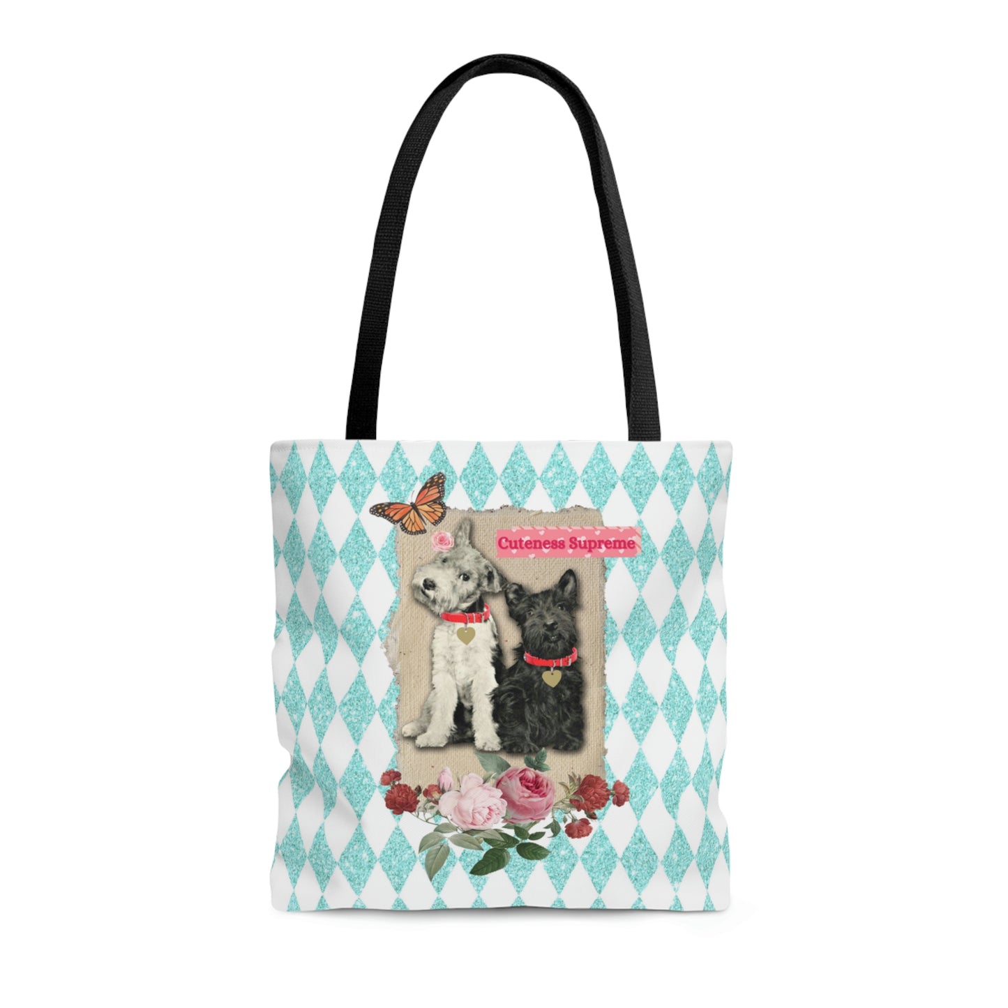 Cute Shopping Tote Bag in 3 Sizes, Aqua Glitter Harlequin Print, Mixed Media Graphic, Vintage Photo Jack Russell Terrier, Scotty Dog, Roses