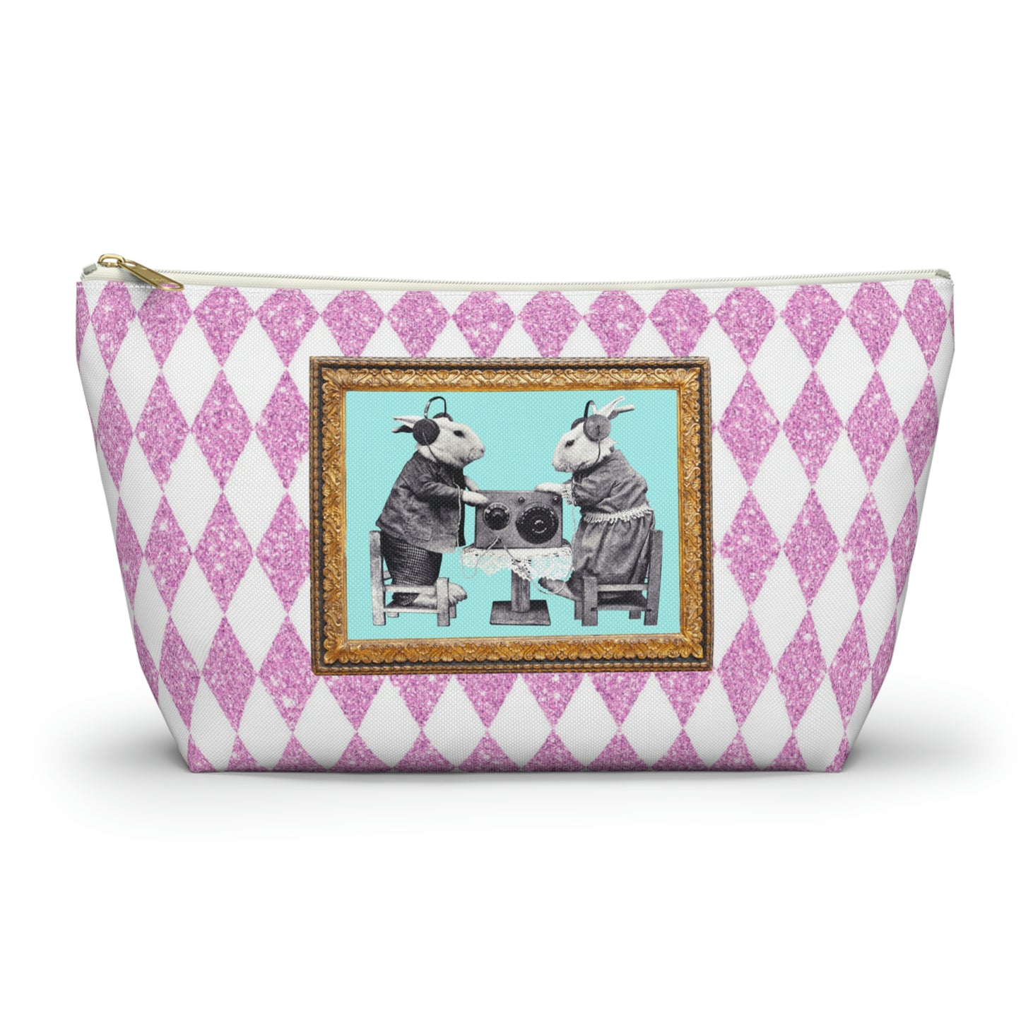 Bunnies in Headphones Graphic on T-Bottom Travel Pouch Bag, Hot Pink Glitter Print Harlequin Background, Two Convenient Size Options