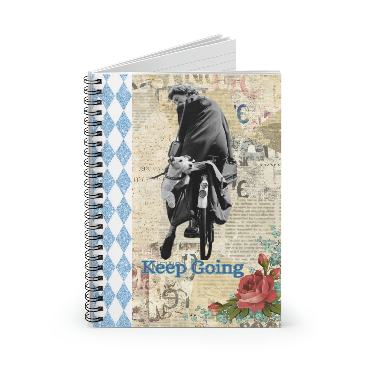 Keep Going spiralbound notebook; Girl on bike, terrier dog riding on the back, mixed media print, blue sparkle harlequin, roses, newsprint