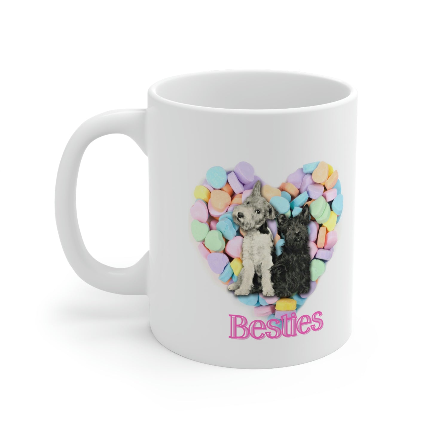 Valentine Hearts "Besties" Mug, Cute Dogs and Candy Hearts Ceramic Mug 11oz Galentine's Day Gift