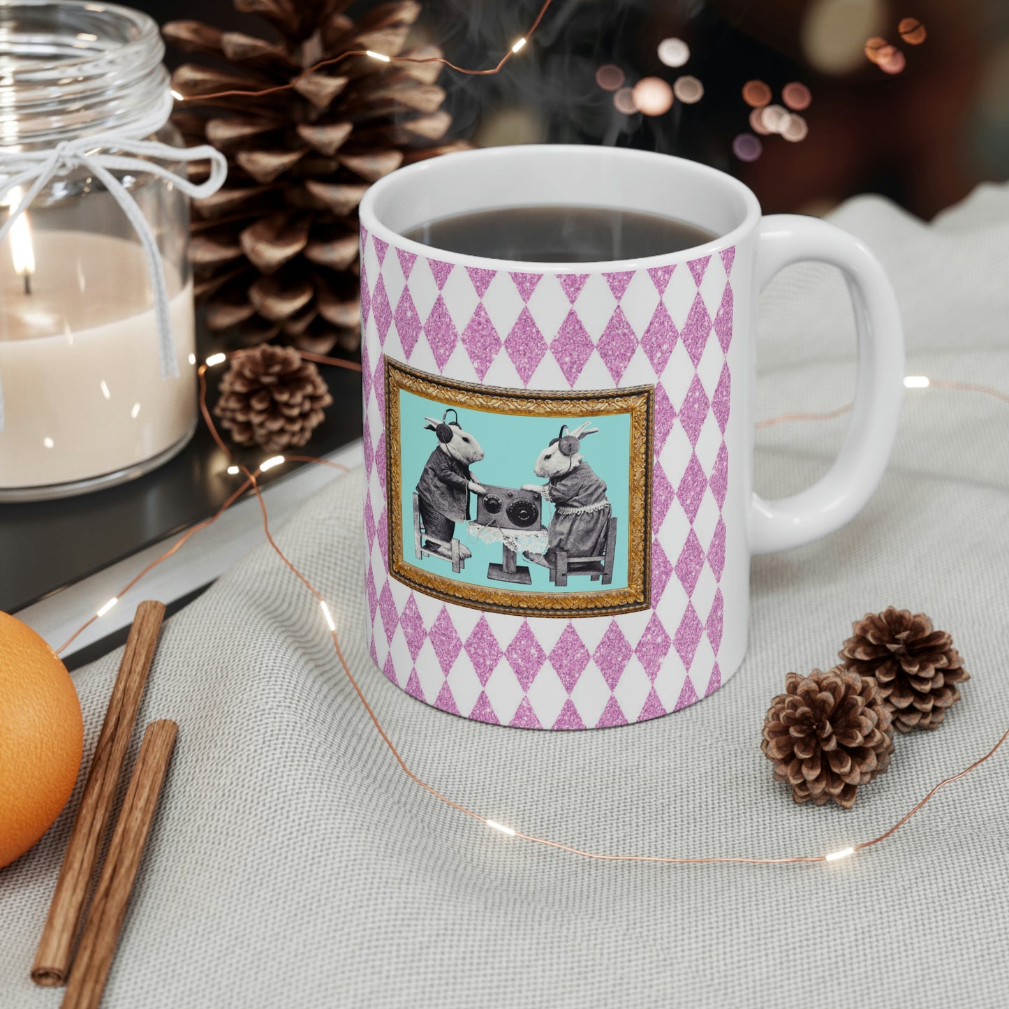 Bunnies in Headphones Ceramic Mug 11oz, Hot Pink Harlequin Glitter Print, Vintage Dressed Rabbits Photo, Easter Spring Mug